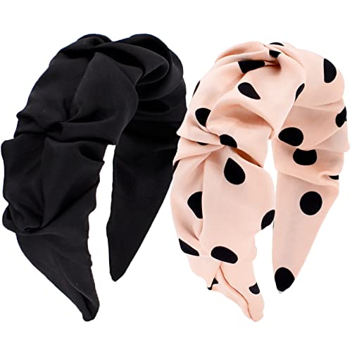 BEGOOD Polka Dot Ruched Headbands for Women - Black Ruffled Wide Hair Hoop, Fashionable Designer Turban Head Wrap (2Pcs) | Perfect for Workouts, Yoga, and Everyday Styling