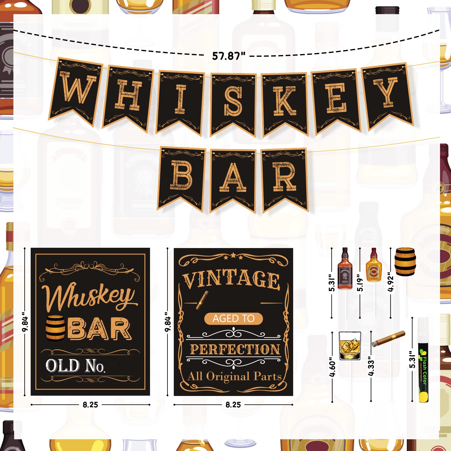 Whiskey Bar Decor Kit - DIY Aged Whiskey Bar Sign & Cake Toppers for Men's 30th 40th 50th Birthday Party Supplies | Perfect for Whiskey Themed Celebrations, Home Bars & Man Cave Decorations