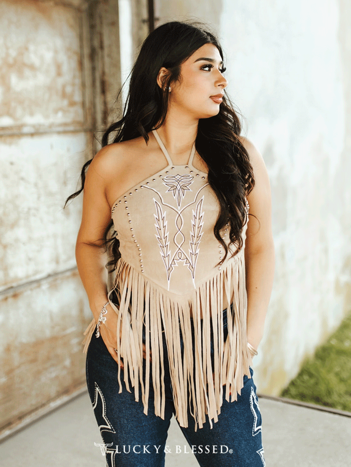 Lucky & Blessed Women's Suede Halter Fringed Top Sand - Bohemian Chic Summer Outfit for Beach Parties & Music Festivals