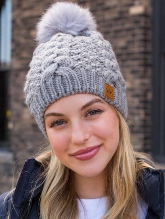Panache Grey Cable Knit Pom Beanie - Winter Warm Knitted Hat for Women & Men - Cozy Outdoor Accessory for Skiing, Snowboarding & Cold Weather Activities