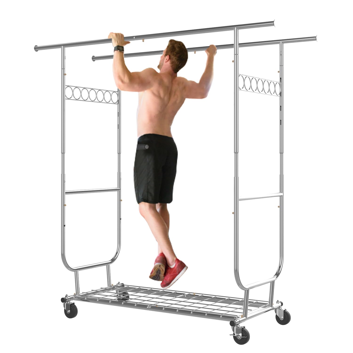 Heavy Duty Rolling Clothes Rack with Wheels - Adjustable Height Commercial Garment Rack for Hanging Clothes (H-Type Metal Frame) - Perfect for Retail Stores, Boutiques, Laundry Rooms & Home Organization