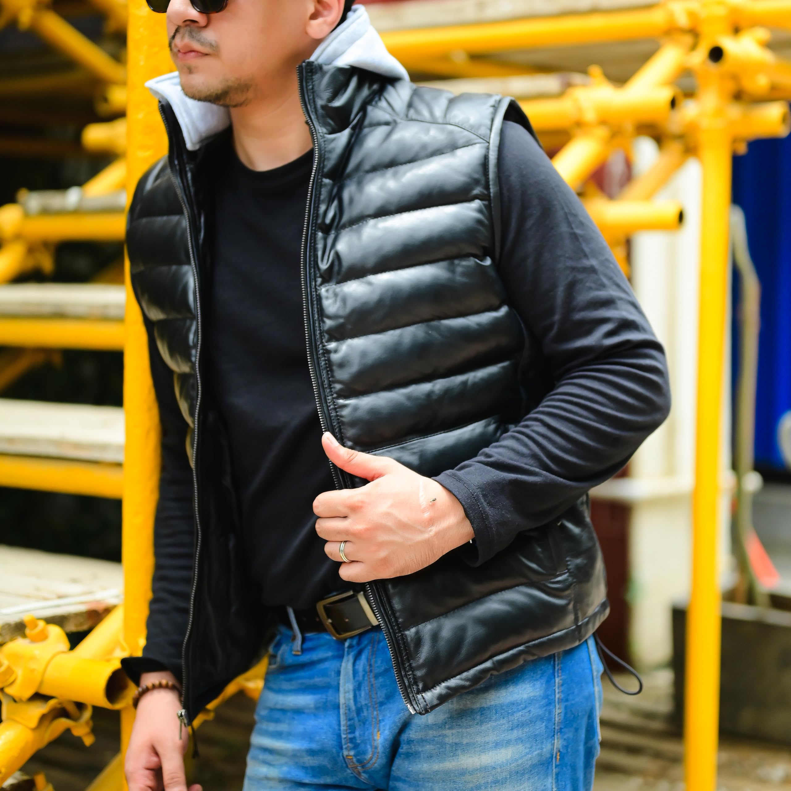 Jild Lambskin Leather Puffer Vest with Removable Hood - Stand Collar Sleeveless Jacket for Men | Winter Fashion, Outdoor Activities & Casual Wear