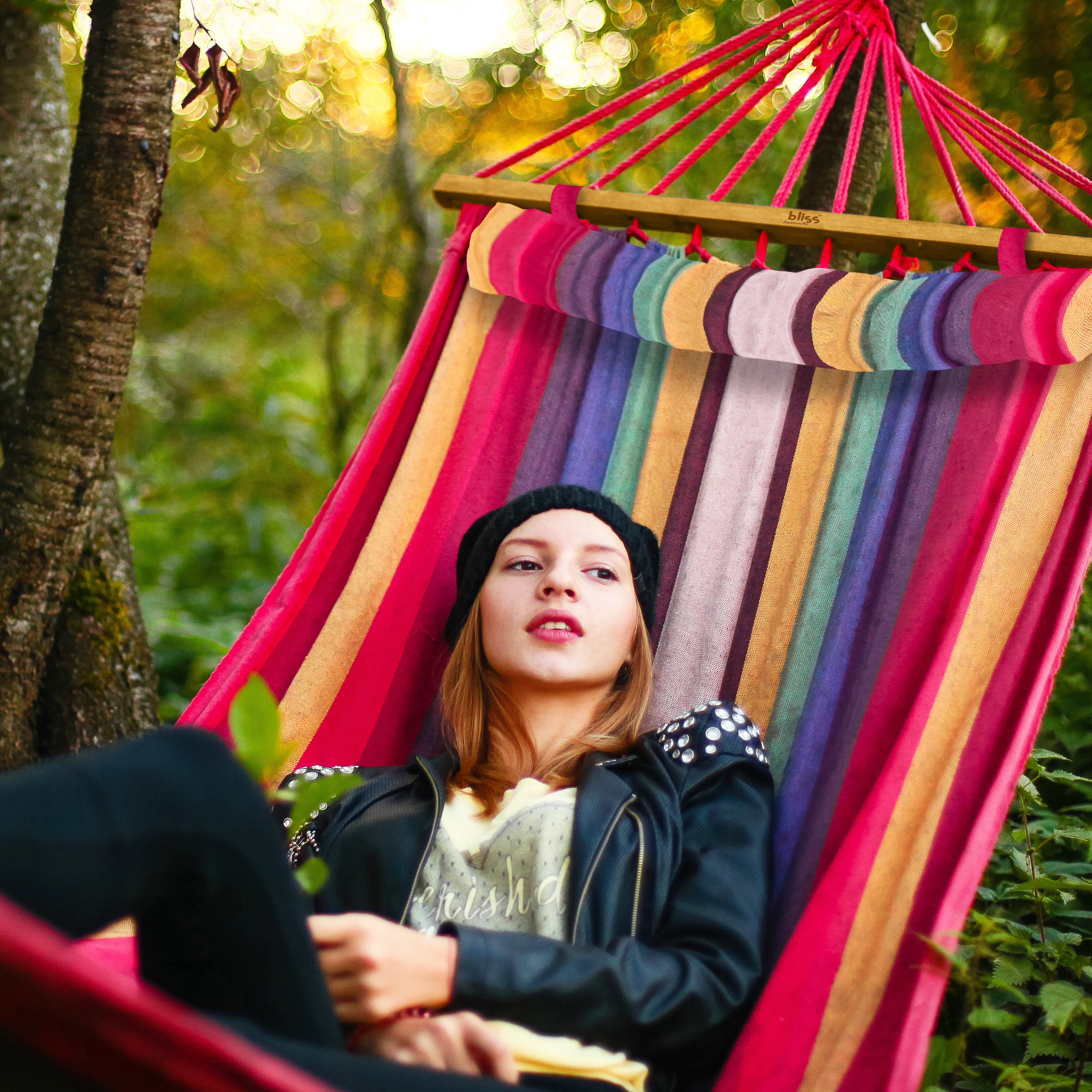 Bliss Hammocks BH 404 Caribbean Hammock with Pillow & Hanging Hardware - 48 Inch Wide, 265 lb Weight Capacity (Tequila Sunrise Color) - Perfect for Backyard, Beach, Camping & Outdoor Relaxation