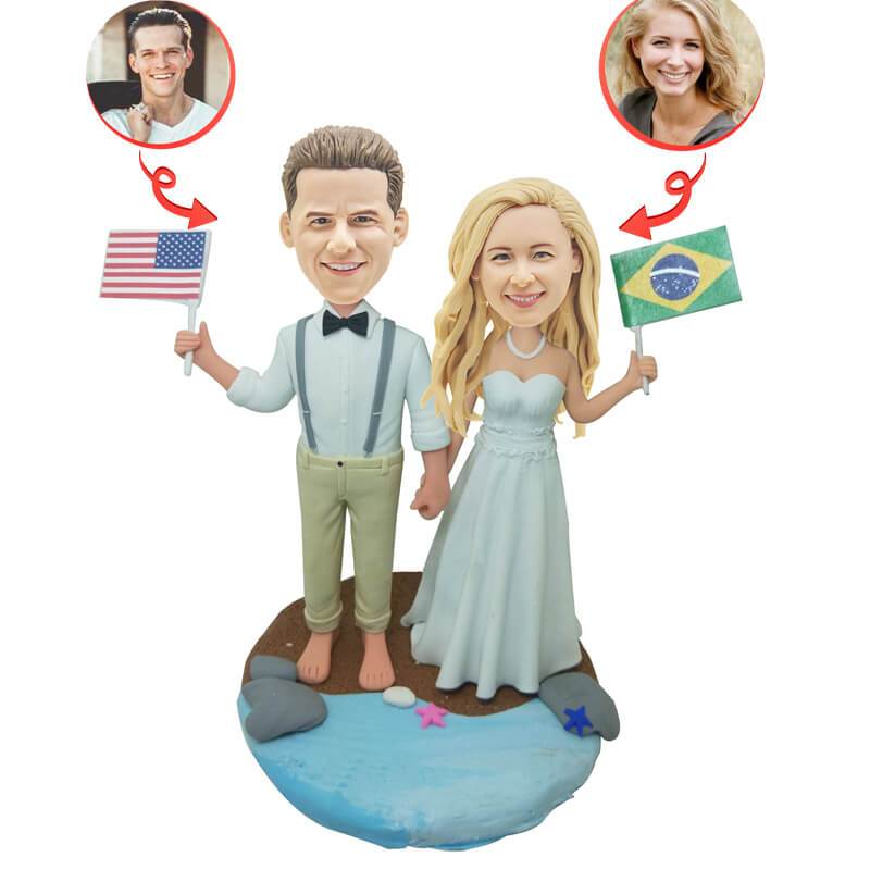 Custom Wedding Couple Bobblehead with National Flag - Personalized Anniversary Gift for Couples - Perfect for Wedding, Engagement & Valentine's Day Celebrations