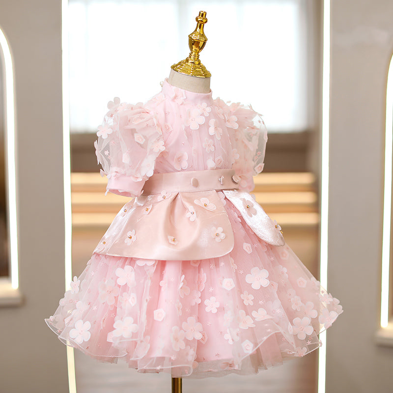 **Pink Petal Toddler Baby Girl Prom Dress with Puff Sleeves - Cute Princess Dress for Summer Parties, Photo Shoots & Special Occasions**