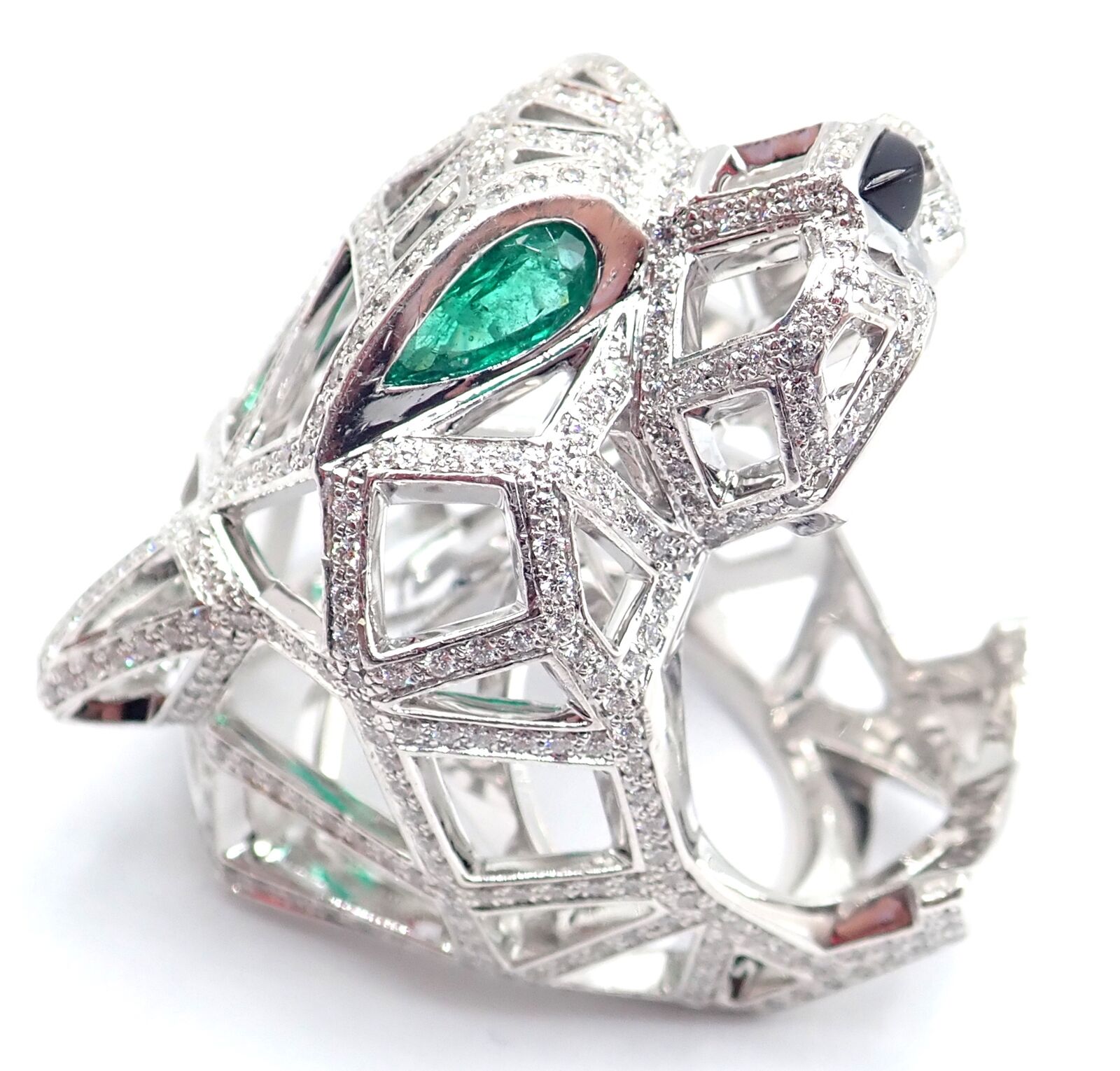 Cartier Panther Panthere 18k White Gold Emerald & Diamond Ring Size 54 - Luxury Jewelry for Women, Elegant Gift for Anniversary & Special Occasions