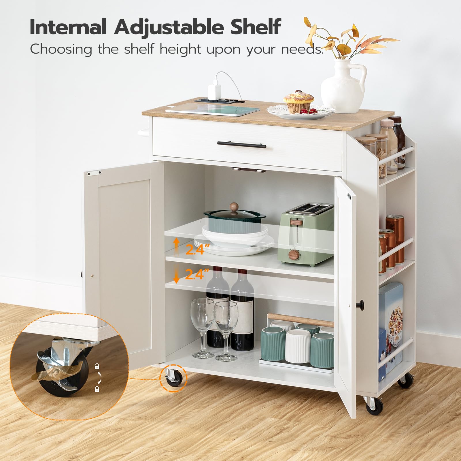 HOOBRO White and Natural Kitchen Island with Power Outlet - Mobile Kitchen Cart with Spice Rack, Storage Drawer & Wheels - Perfect for Small Spaces, Dining Rooms & Home Cooking Organization