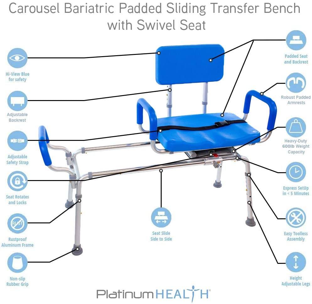 Bariatric Carousel Sliding Transfer Bench with Swivel Seat - 600LB Weight Capacity for Elderly & Disabled - Safe Bathroom Shower Chair for Mobility Assistance