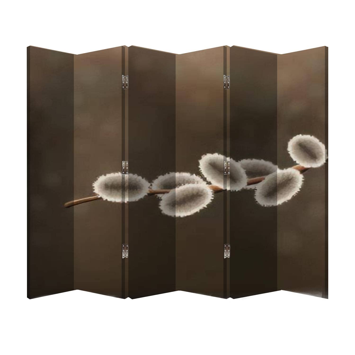 6 Panel Wooden Folding Room Divider Screen - Realistic Pussy Willow Branch Canvas Office Privacy Partition for Home, Bedroom & Workspace Decor