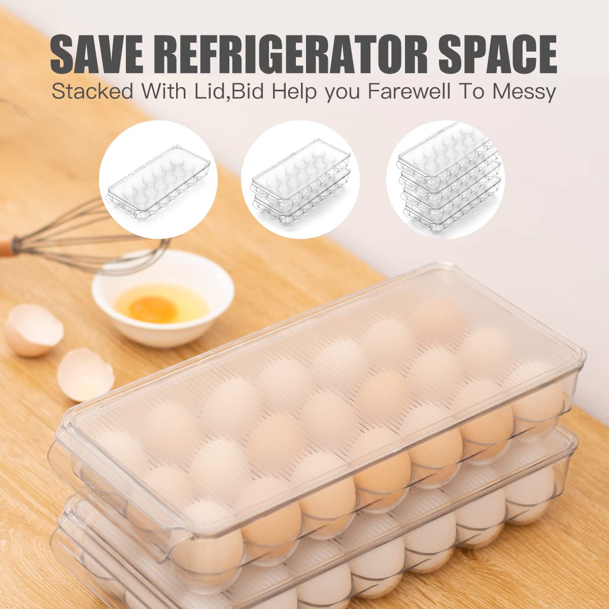 Egg Tray for Refrigerator with Lid - 21 Egg Holder Organizer, Plastic Egg Storage Container for Fridge Bins - Perfect for Kitchen Organization, Breakfast Meal Prep & Fresh Egg Storage (1 Pack, Holds 21 Eggs)