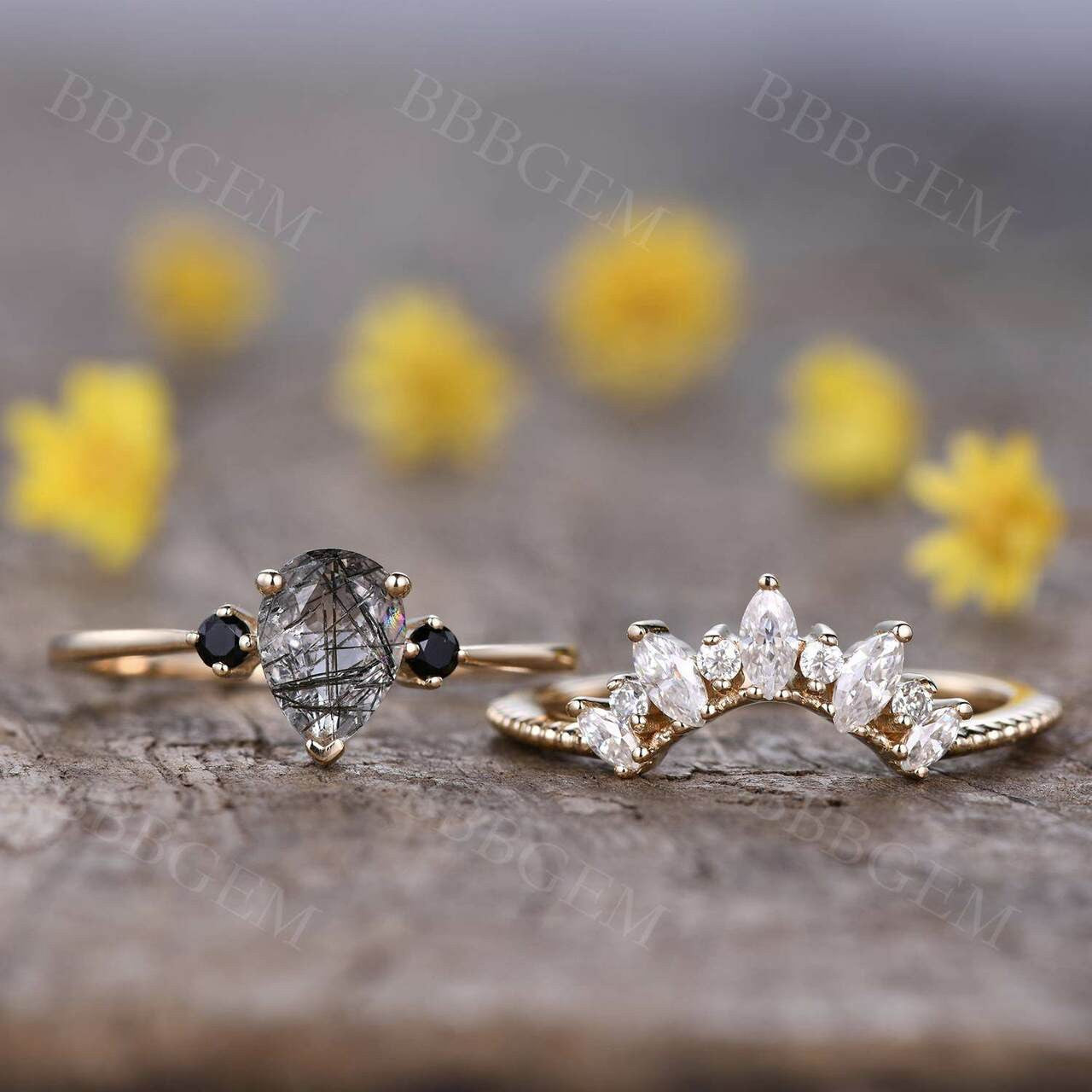 Pear Black Rutilated Quartz Bridal Ring Set in White Gold with Diamond Cluster - Elegant Engagement & Wedding Jewelry for Brides, Anniversary Gifts, and Special Occasions