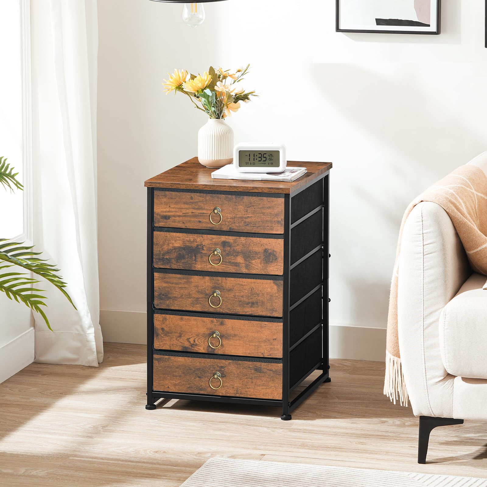 HOOBRO 5-Drawer Chest - Rustic Brown File Cabinet with Wheels, Office Storage Organizer, Rolling Printer Stand for Home & Workspace - Easy Assembly Nonwoven Drawers - Perfect for Living Room, Bedroom & Home Office Organization (Model BF50WJ01)