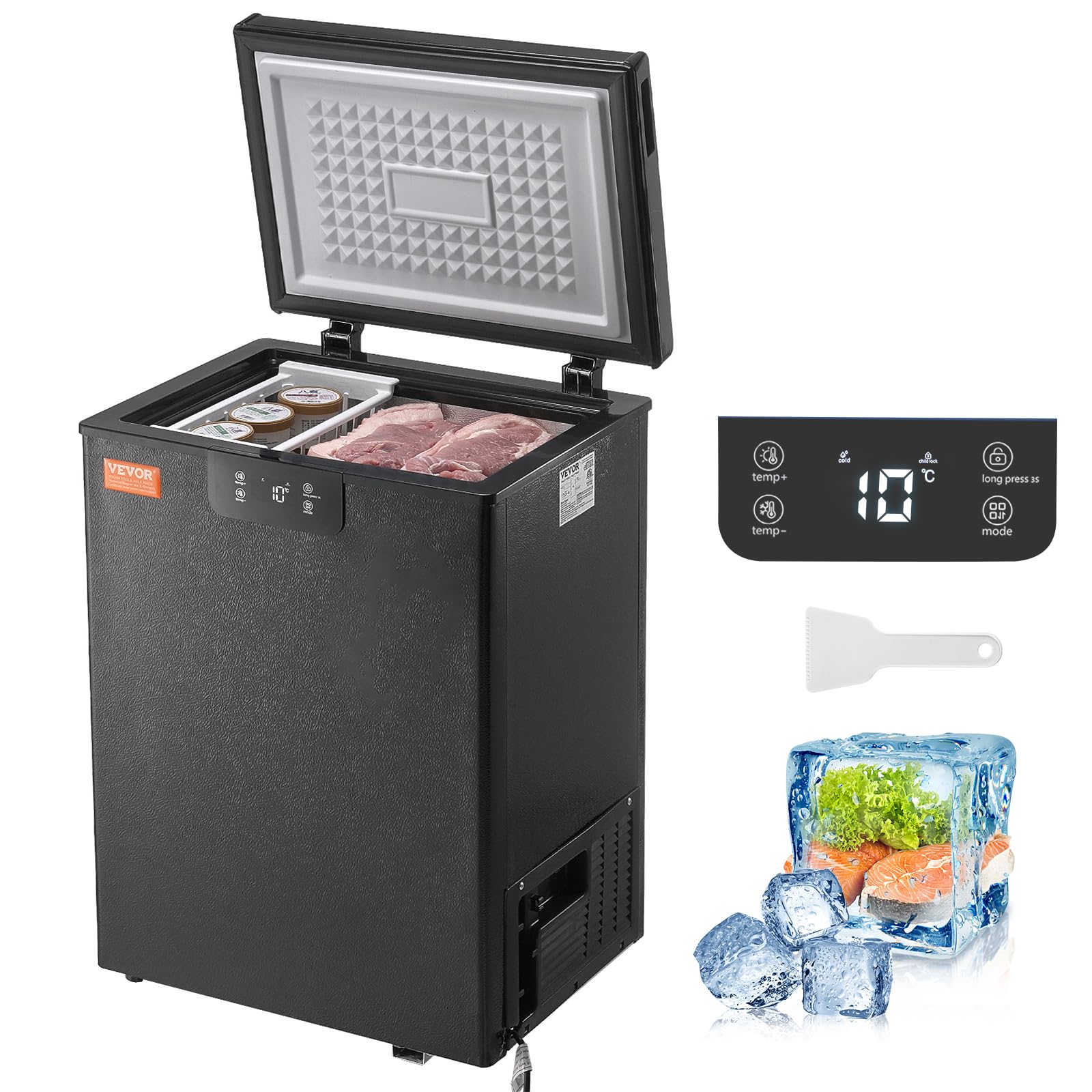 VEVOR 3.5 Cu.ft Compact Chest Freezer - Energy Efficient Deep Freezer with Adjustable Thermostat, 2 Removable Baskets & Low Noise Design - Perfect for Home, Garage, Basement or Small Business Storage (Black)