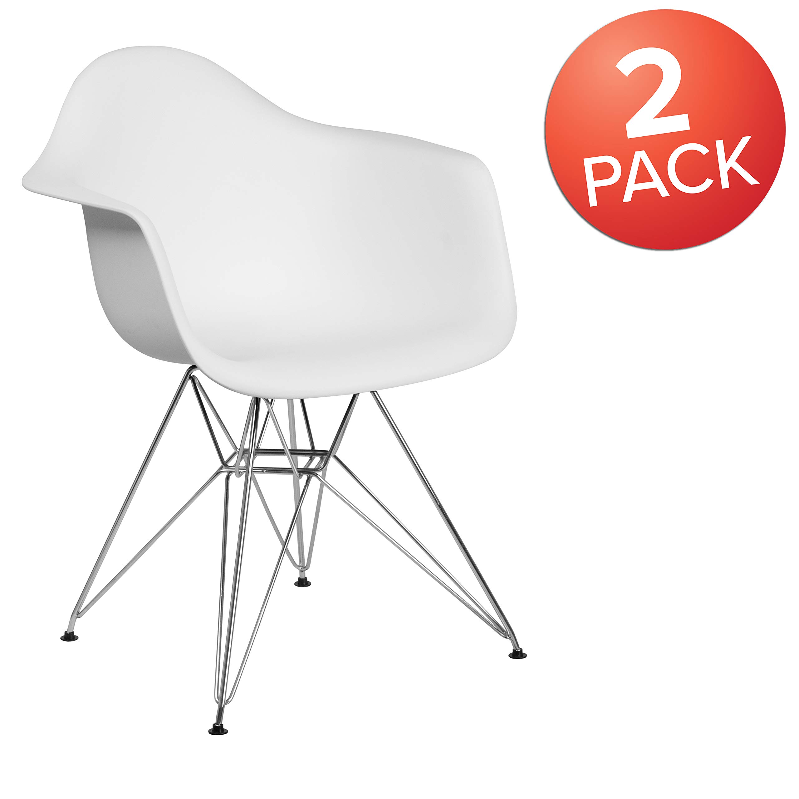 2 Pack White Plastic Arm Chairs with Chrome Base - Modern Accent & Side Chairs for Dining Room, Kitchen, Office or Outdoor Patio