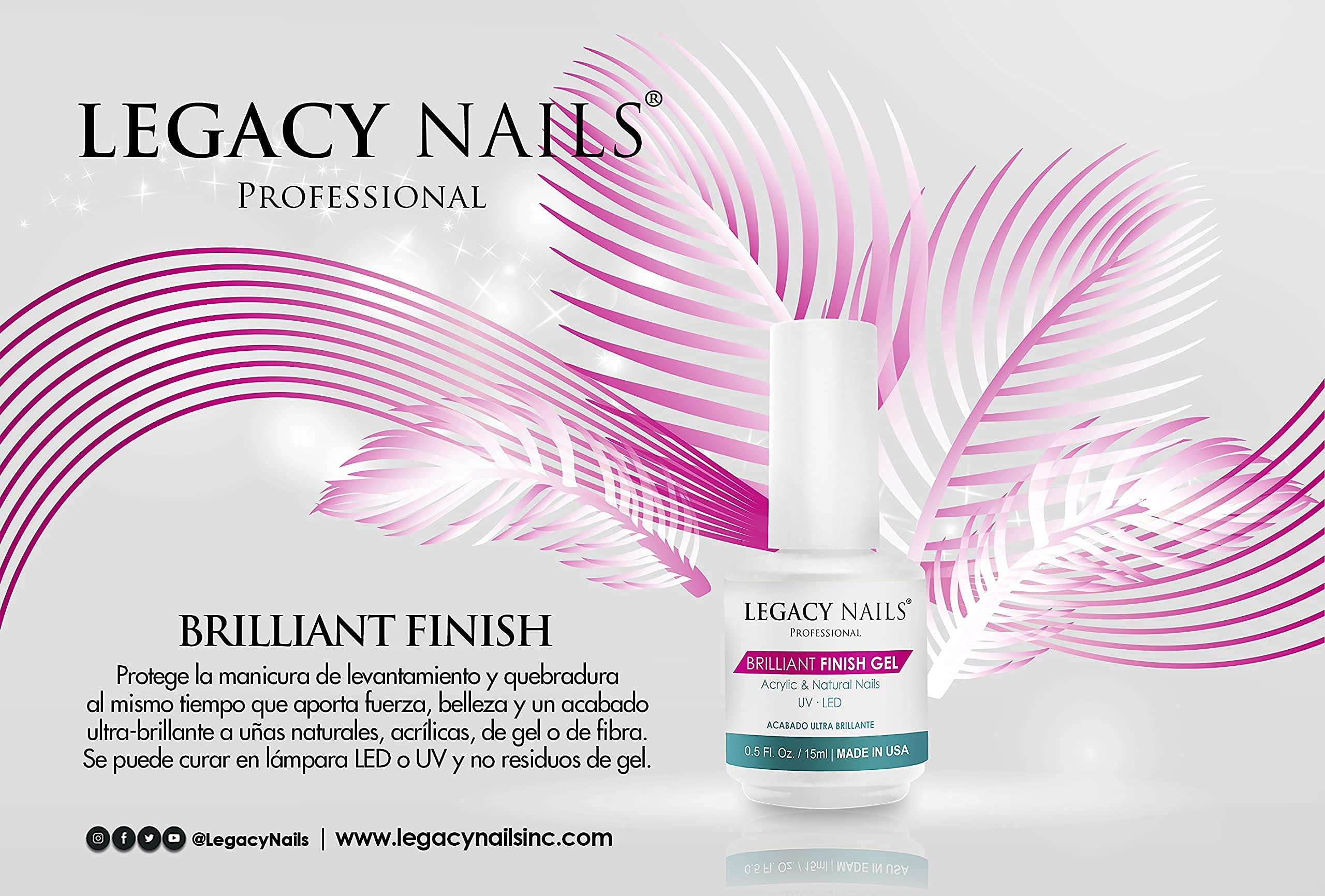 Legacy Nails Professional Brilliant Finish Gel Top Coat 0.5oz - High Gloss Shine for Natural, Acrylic, Gel & Fiberglass Nails - Chip Resistant, Fast Curing UV/LED Polish - Perfect for Salon & Home Manicures