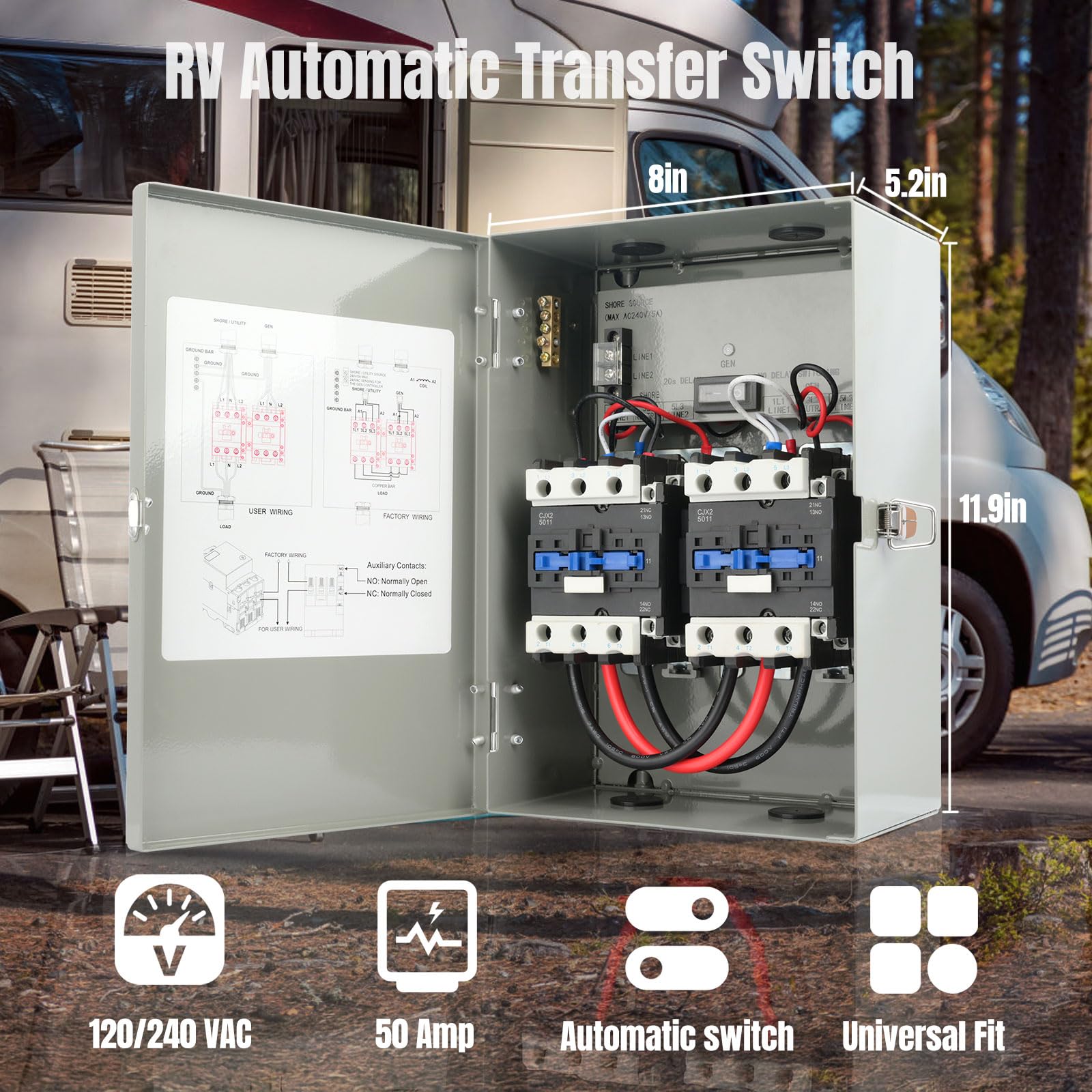 50 Amp RV Automatic Transfer Switch - 120/240V AC Power Monitoring Safety Switch with Dual Protection for RVs & Campers | Perfect for Outdoor Power Backup & Emergency Power Transfer