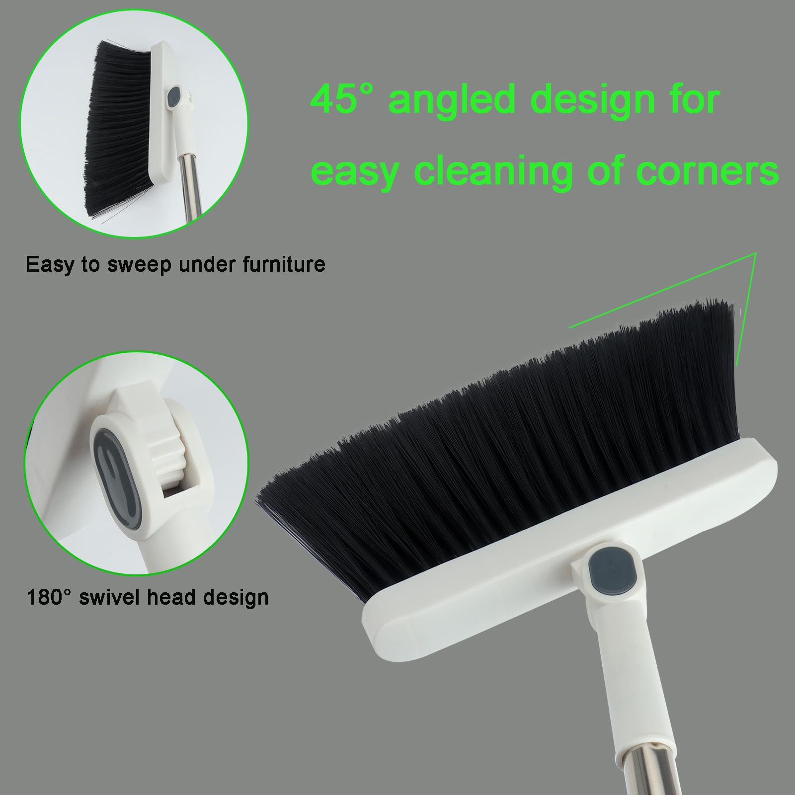 JCXIOAHB Long Handle Dustpan and Broom Set with Comb Teeth - Windproof Design for Indoor, Outdoor, Garden, Kitchen & Office Cleaning - White - Perfect for Hardwood Floors, Tile, Patio & Pet Hair Removal