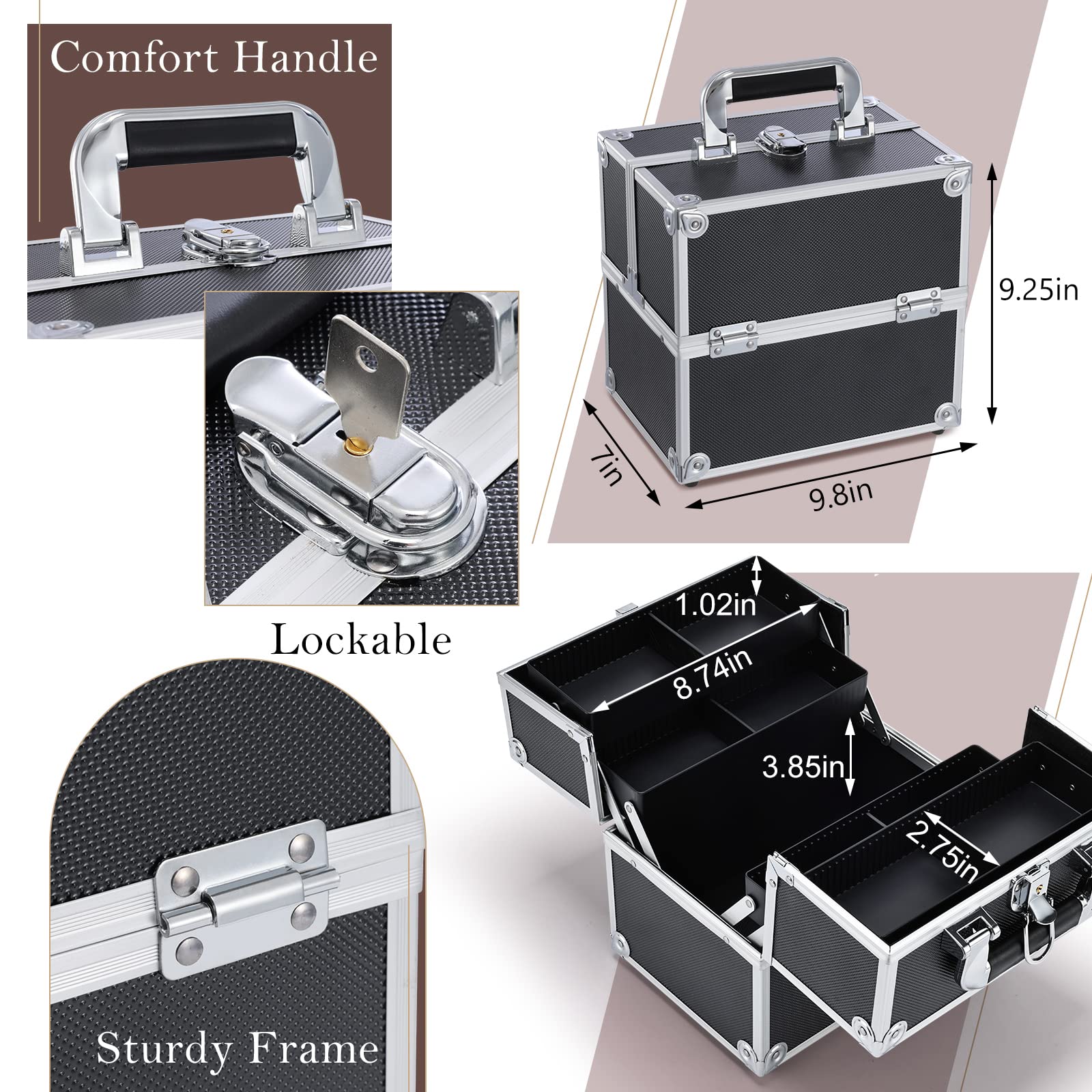 Professional Makeup Train Case - Lockable Cosmetic Organizer with 4 Adjustable Trays & Dividers | Portable Travel Makeup Storage Box for Makeup Artists, Crafters & Cosmetics | Perfect for Salon, Home Use & On-the-Go Beauty (Black)
