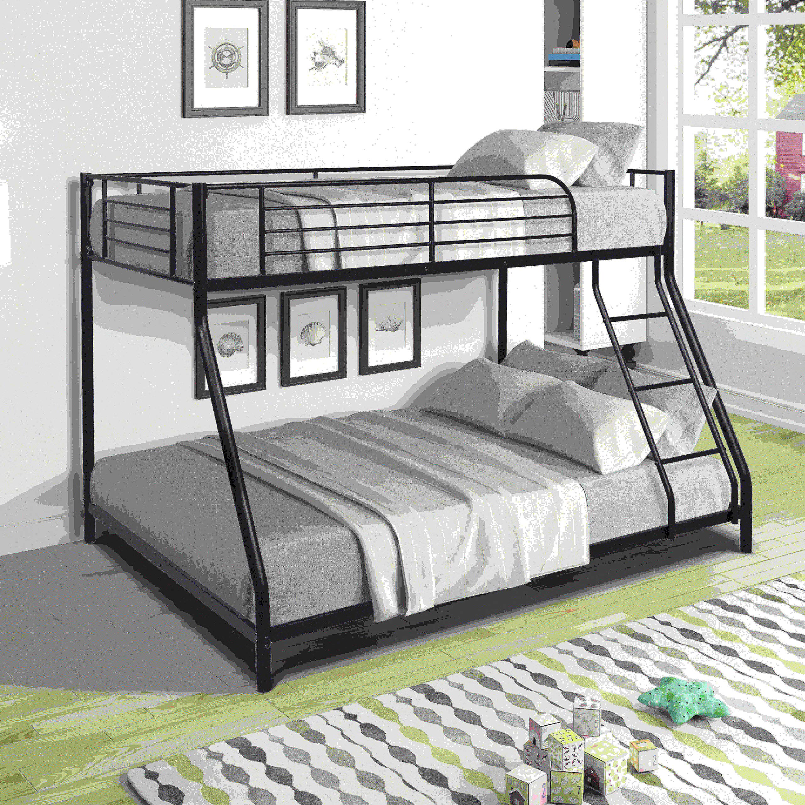 Twin Over Full Bunk Bed with Sturdy Metal Frame - Space-Saving Bunk Bed for Kids, Teens & Adults - Includes Safety Guardrail & Flat Ladder - Ideal for Small Bedrooms, Guest Rooms & Dormitories (Black)
