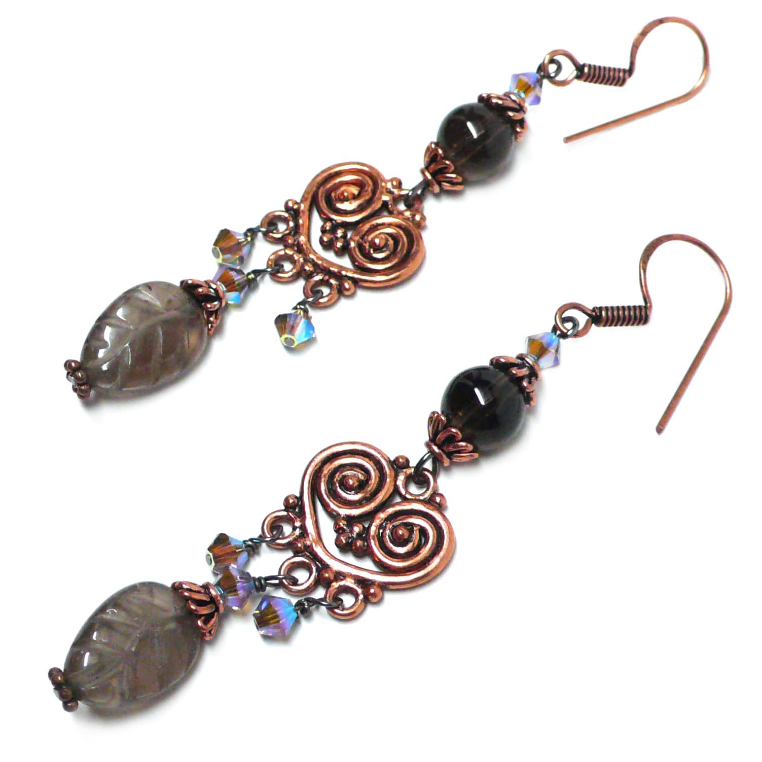 Smoky Quartz Leaf Copper Heart Chandelier Earrings for Women - Elegant Bohemian Dangle Drop Earrings for Party, Wedding & Evening Occasions
