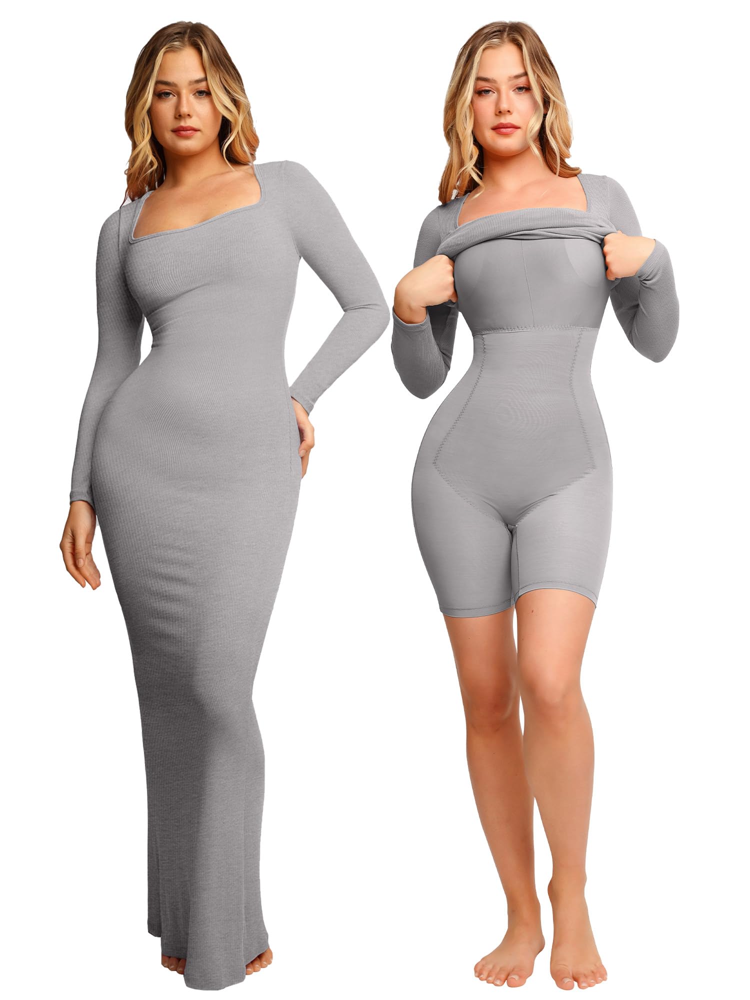 Popilush Women's 8-in-1 Shapewear Dress - Slimming Bodycon Maxi & Mini Dresses with Built-in Bra, Long Sleeve Lounge Wear for Everyday Comfort, Work & Special Occasions