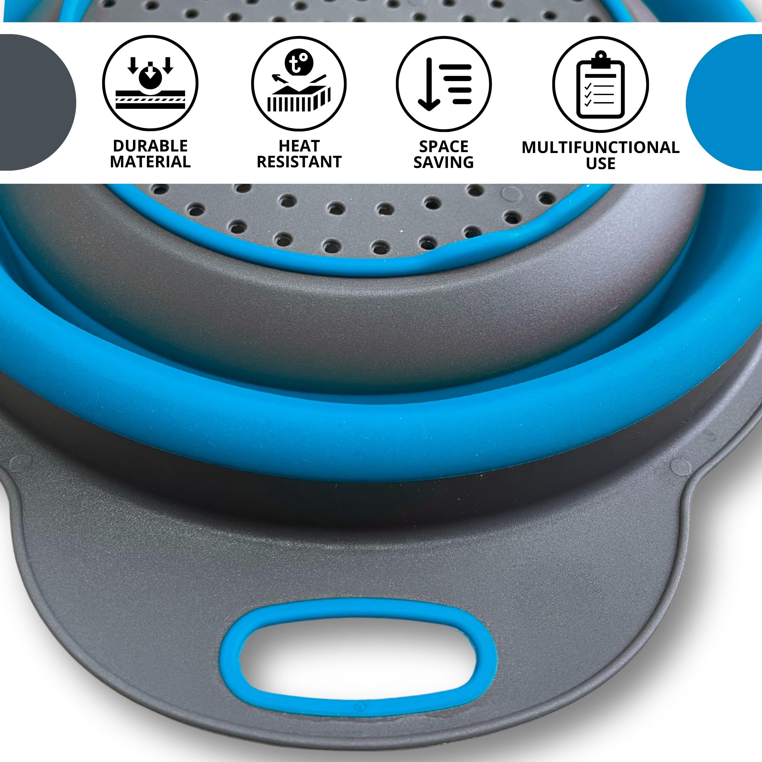 Blue Kitchen Strainer Colander Set - 2 PCS Collapsible Silicone Food Grade Strainers with Plastic Handles for Pasta, Spaghetti, and Vegetables - Perfect for Cooking, Draining, and Meal Prep