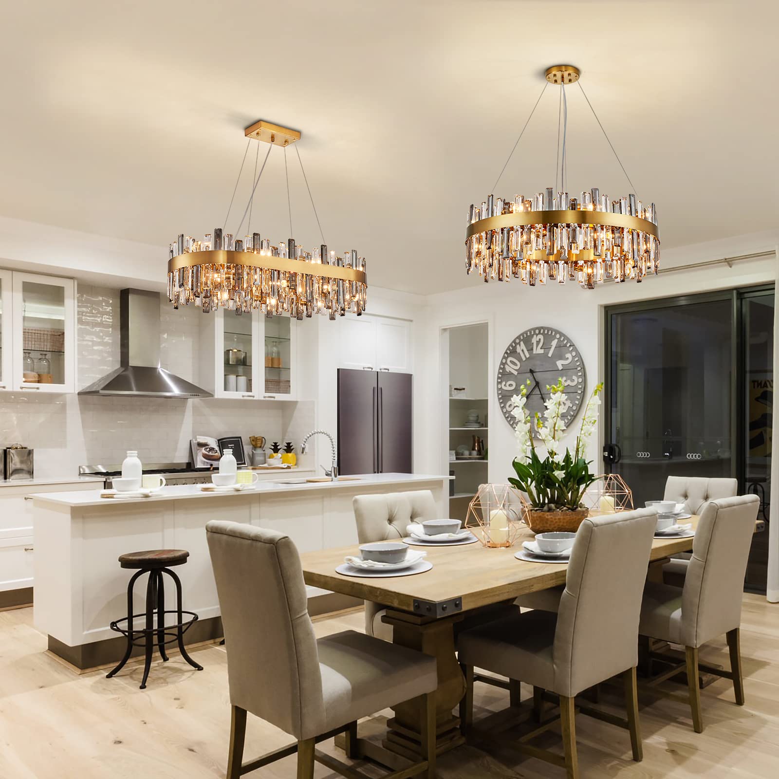 Siljoy Modern 16-Light Crystal Chandelier - Luxury Gold Round 2-Tier Raindrop Design, Dimmable Flush Mount Ceiling Light for Dining Room, Living Room, Entryway & Foyer (31.5