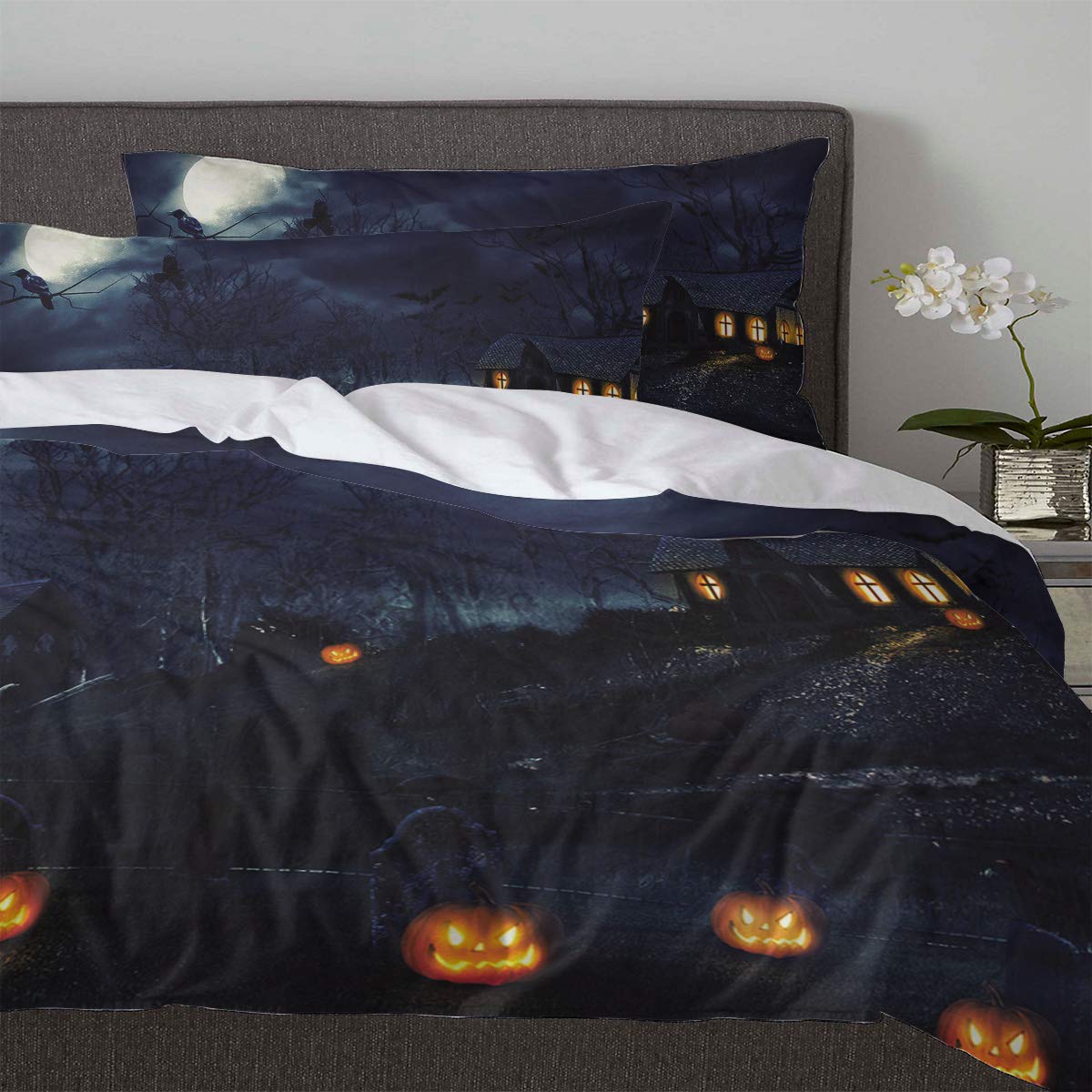 Halloween Haunted House Duvet Cover Set - 3 Piece Twin Size Bedding with 2 Pillow Shams | Soft Lightweight Comforter Cover in Pumpkin Forest Design | Perfect for Spooky Bedroom Decor, Kids Room & Halloween Party Themes