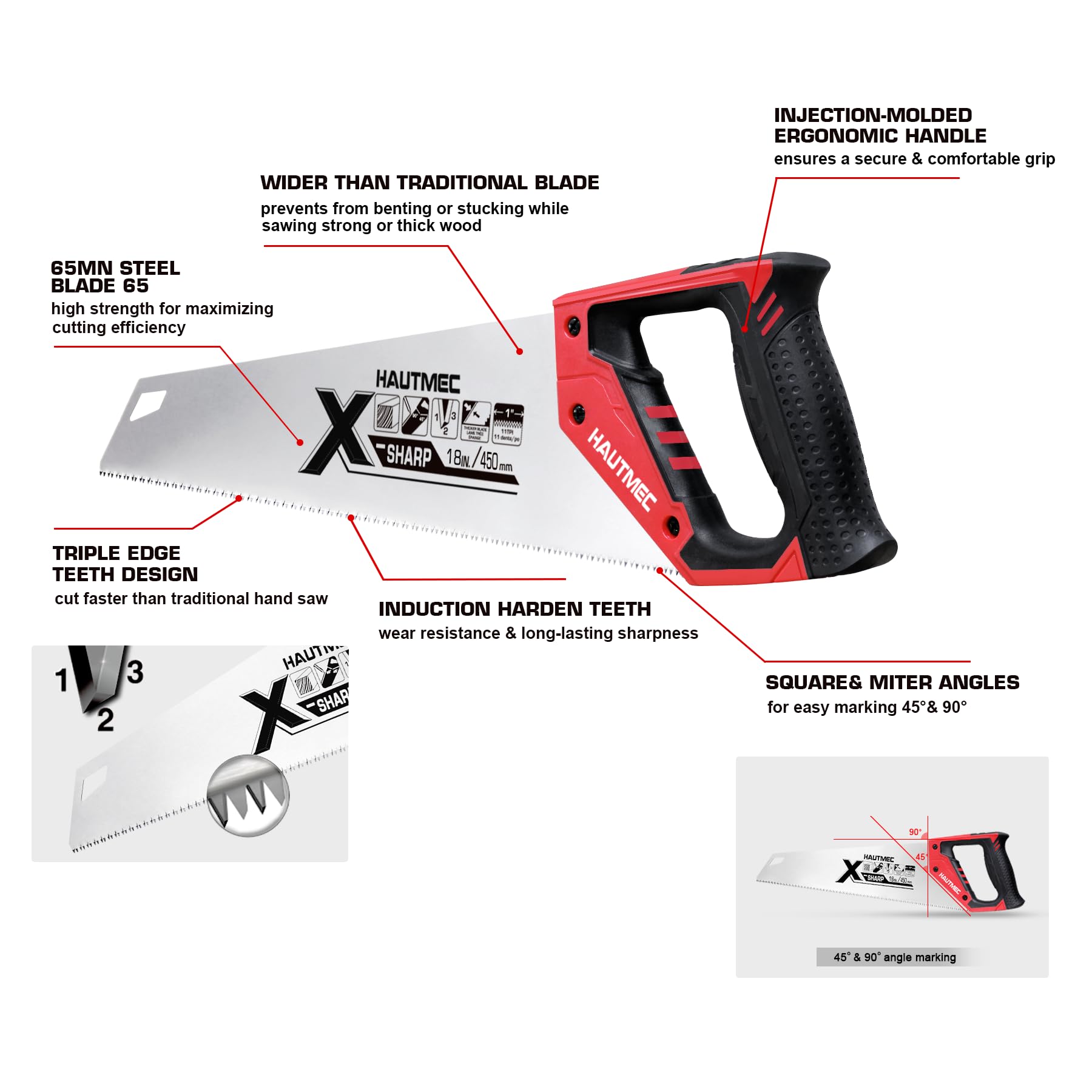 HAUTMEC 18 Inch X-Sharp Pro Hand Saw - 7 TPI Fine Wood Cutting Saw - Professional Handsaw for Woodworking, Laminate & Plastic - Rip Cut & Cross Cut Saw (HT0151) - Perfect for Carpentry, DIY Projects & Home Improvement