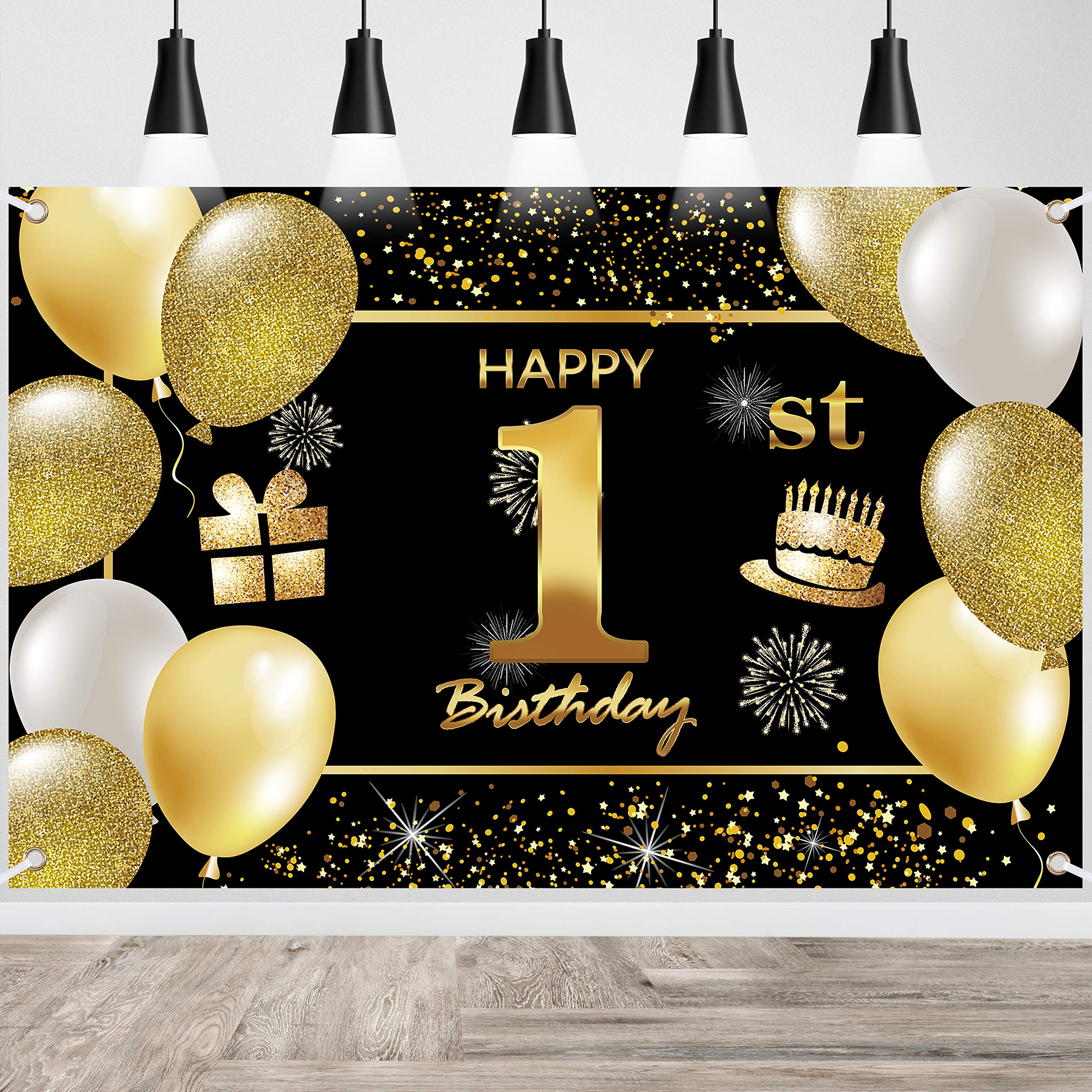 1st Happy Birthday Banner - Blue & Gold Birthday Decorations for Men, Boys - Party Backdrop & Wall Decor for Birthday Celebrations, Photo Booths, Baby Showers