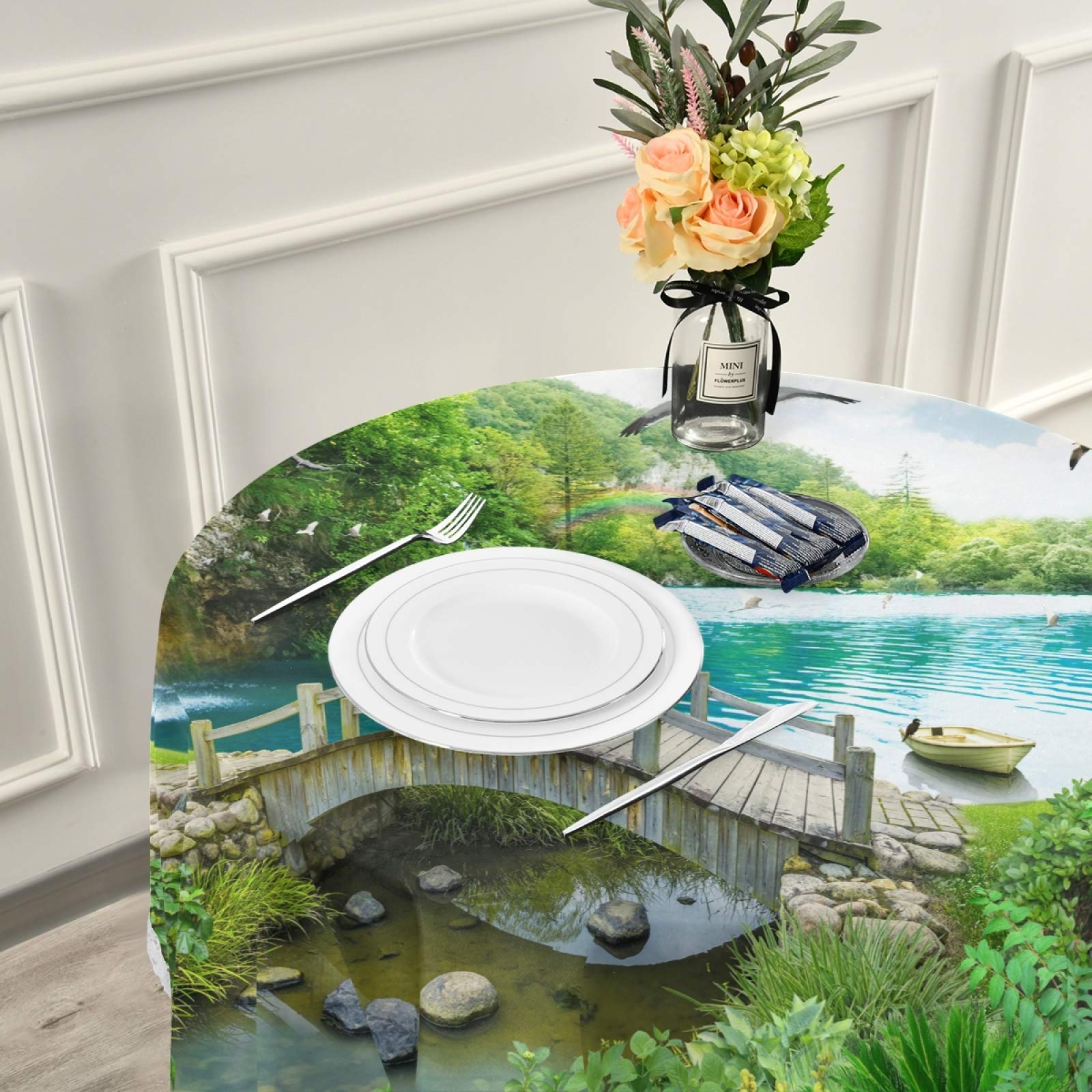 60 Inch Tropical Waterfall Floral Round Tablecloth - Washable Polyester Circular Table Cover for Kitchen, Dining, Party & Picnic Decor | Perfect for Outdoor Gatherings, Summer BBQs and Lakeside Dining