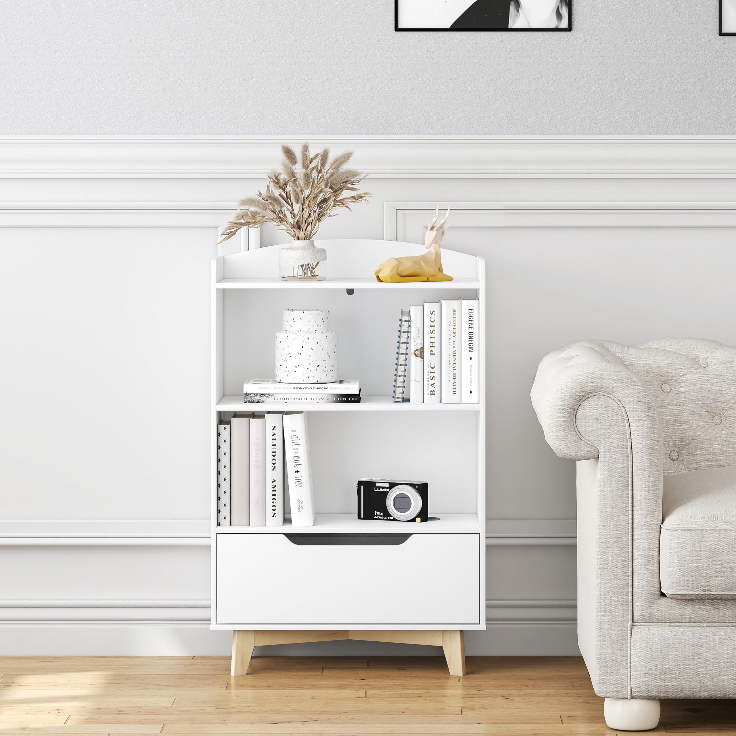 UTEX Kids Bookshelf with Storage Drawer - Wooden Toy Organizer for Playroom, Nursery, School - White | Perfect for Kids' Bedroom, Classroom & Daycare Storage