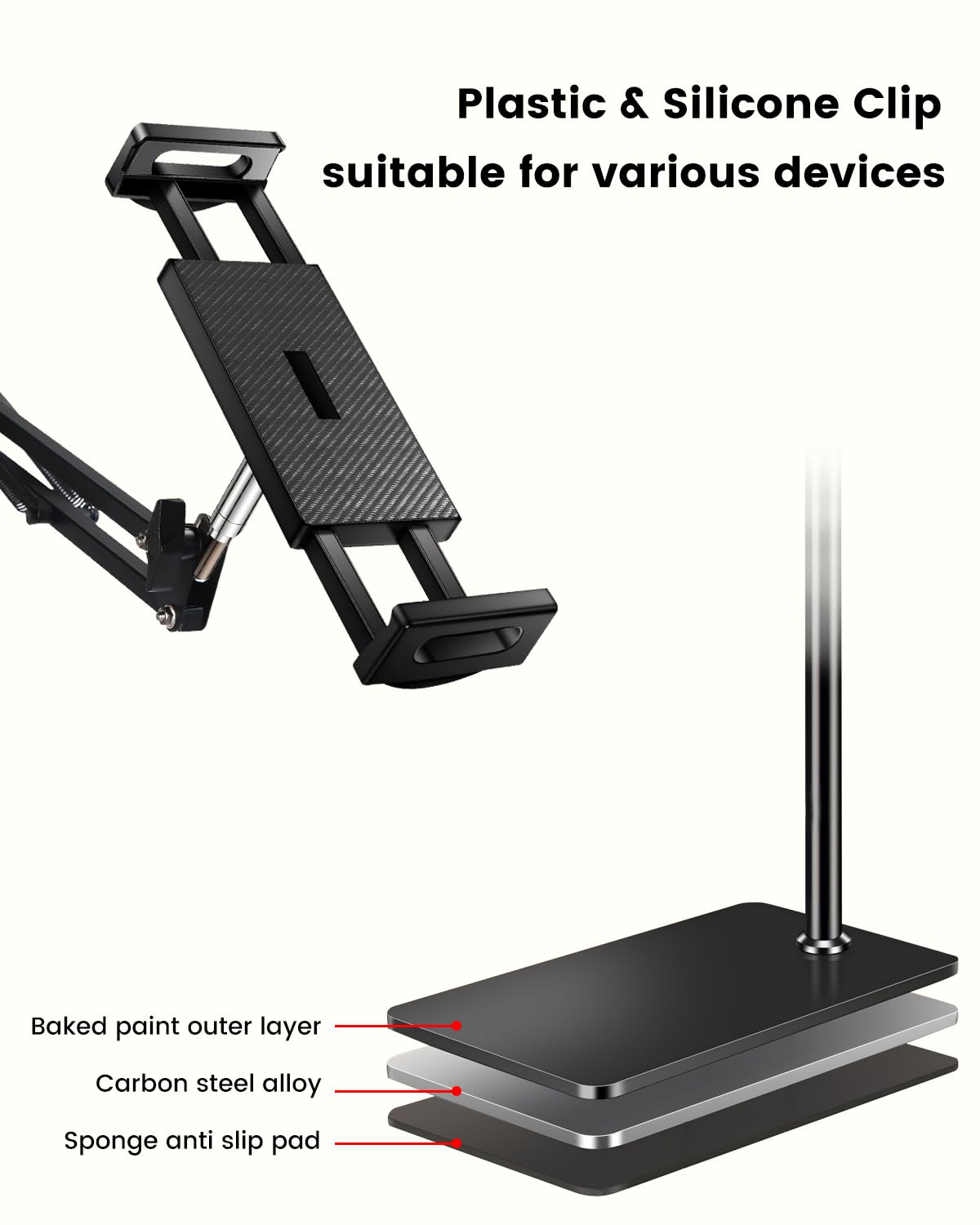 Adjustable iPad Stand with Swivel Arm for iPad Mini/Air/Pro & Phones - Home & Office Use