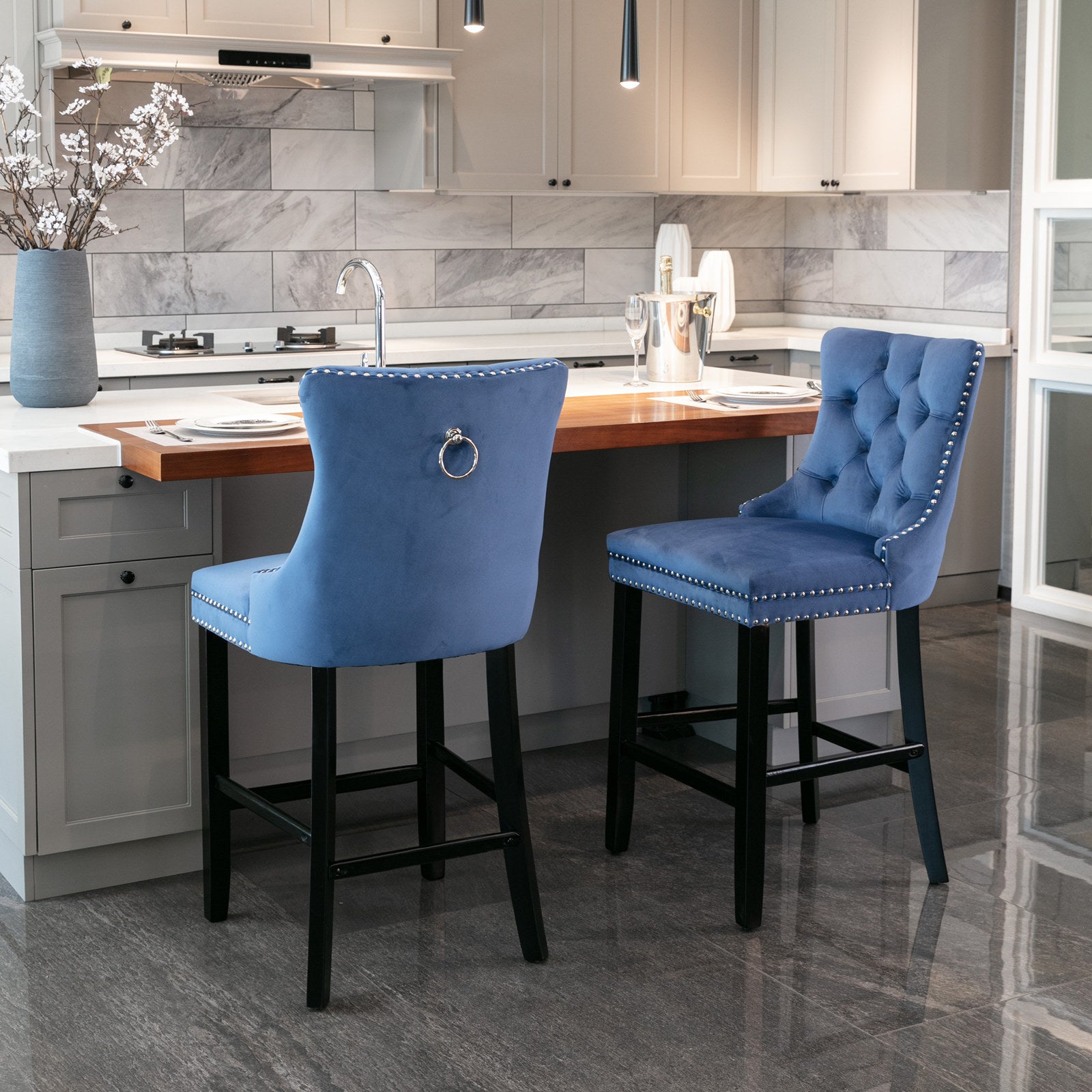 Modern Velvet Upholstered Bar Stools with Button Tufted Back & Wooden Legs - Chrome Nailhead Trim Accent - Set of 2 Blue Bar Chairs (SW2002BL) for Kitchen Island, Breakfast Nook & Home Bar Decor