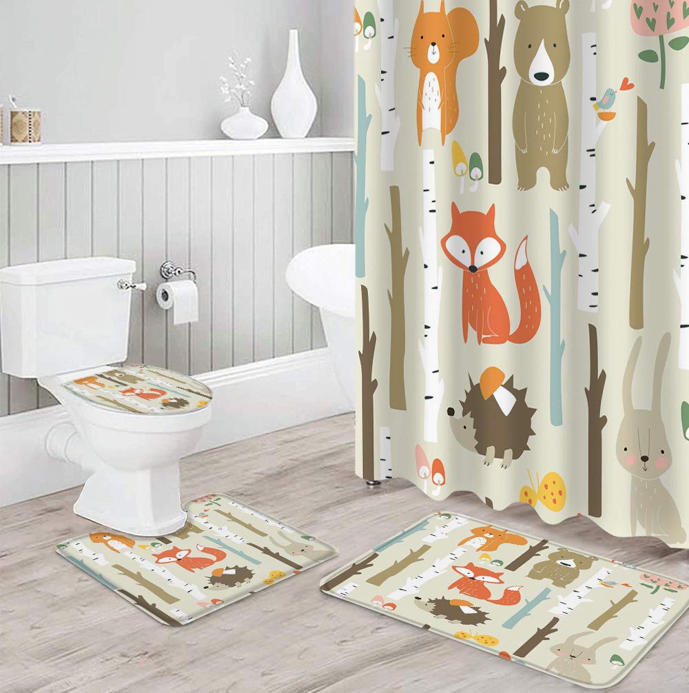 Premium 4-Piece Shower Curtain Set with 12 Hooks - Cute Bunny Bear Fox Animal Forest Bathroom Decor | Non-Slip Bath Mat & Toilet Cover | Waterproof & Durable | Perfect for Kids' Bathroom, Nursery, or Themed Home Decor