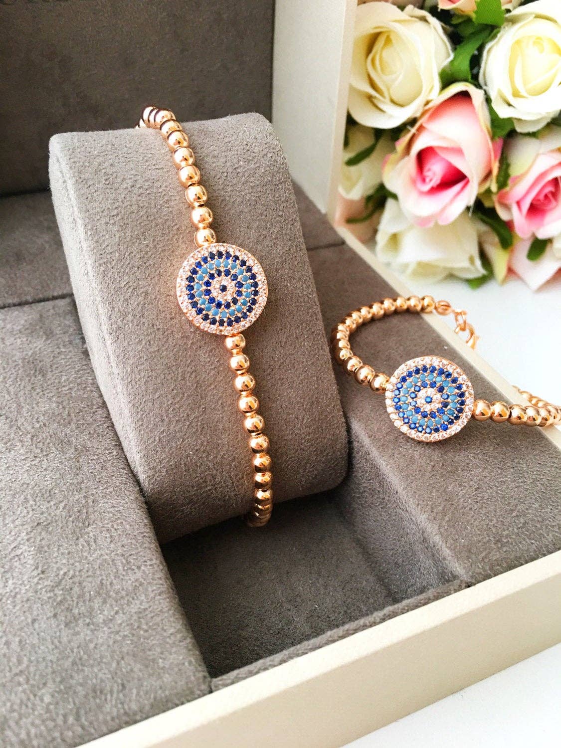 Rose Gold Zirconium Evil Eye Bracelet for Women - Greek Protection Jewelry for Good Luck & Positive Energy - Perfect for Everyday Wear, Gifts & Spiritual Healing