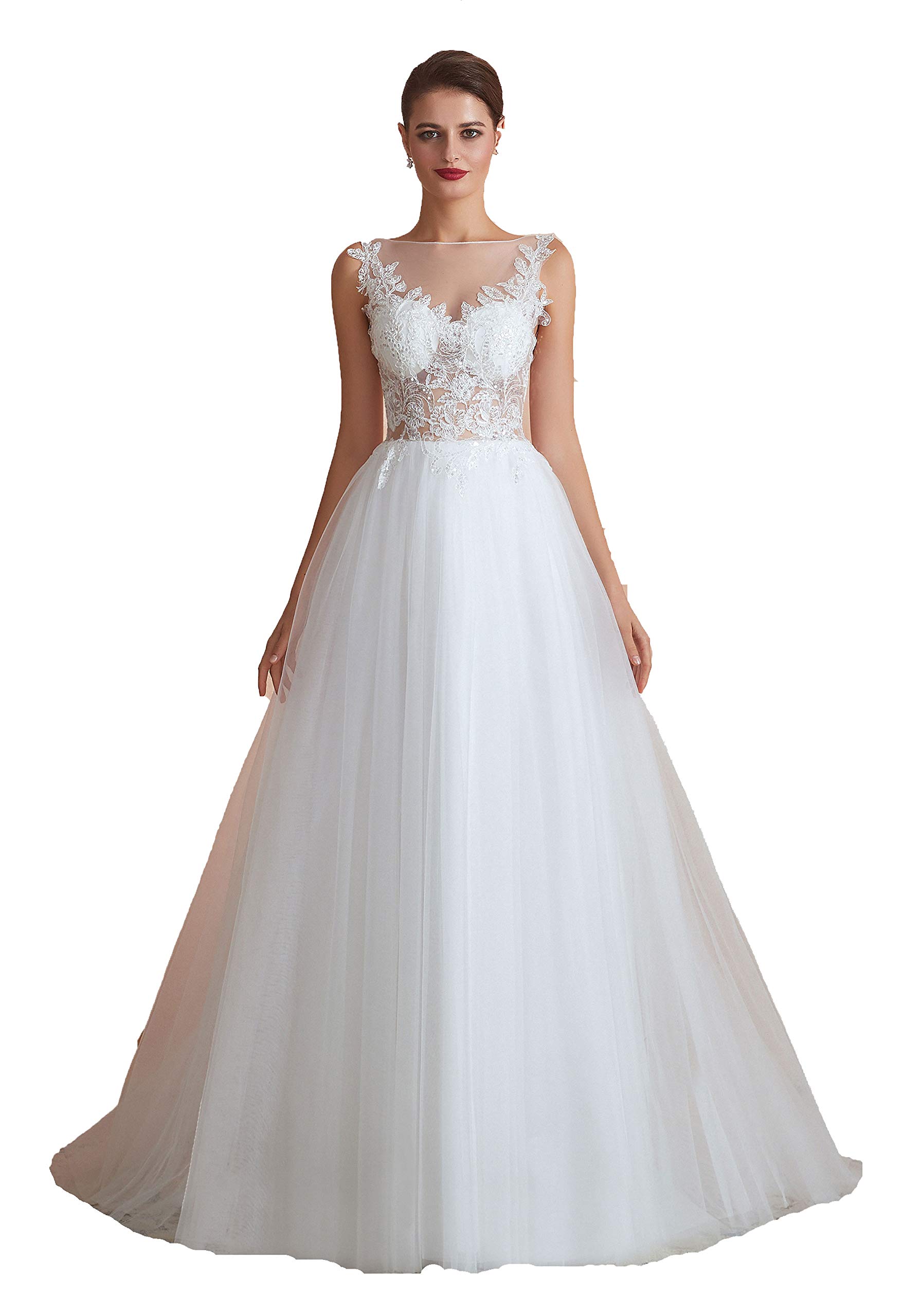 Elegant Sheer Applique Tulle Wedding Dress - Long White Bridal Gown for Beach, Summer & Destination Weddings | Romantic Boho Style for Outdoor Ceremonies