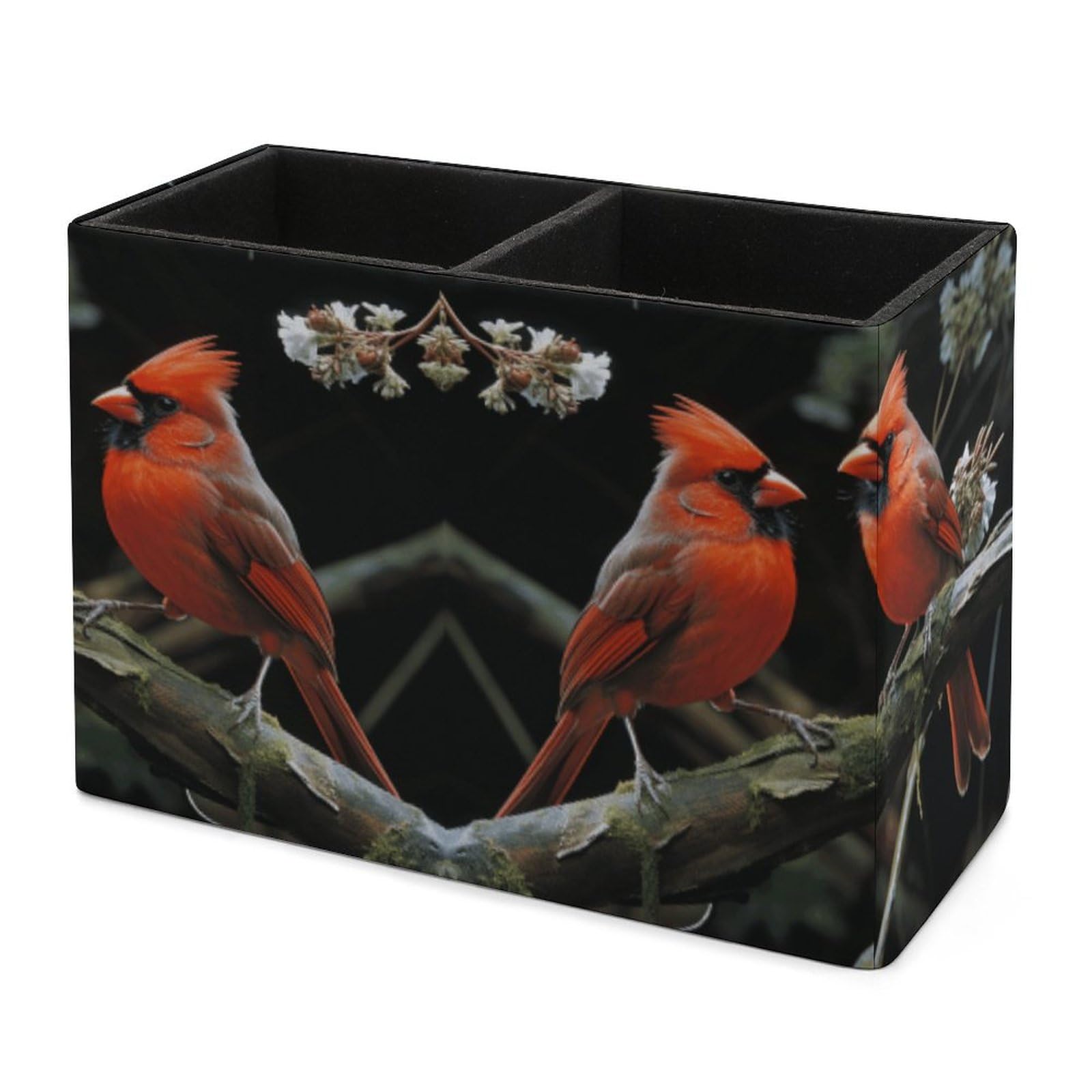Premium Leather Pen Holder with 2 Compartments - Cardinals Birds Design Square Pencil Case for Home & Office Desk Organization - Perfect Gift for Writers, Students & Professionals
