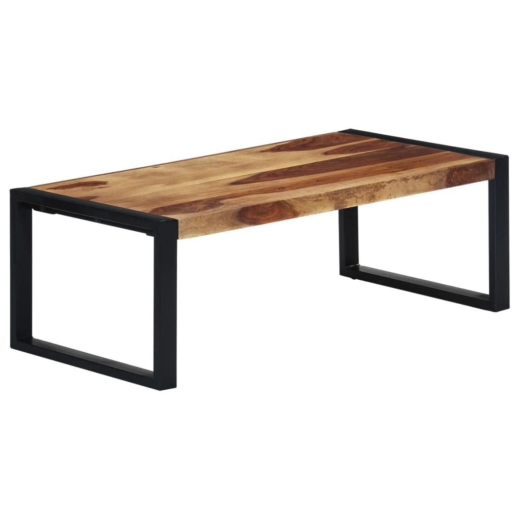 Rustic Industrial Sheesham Wood Coffee Table with Powder-Coated Steel Legs - Solid Wood Rectangular Coffee Table with Distinctive Grain, Polished & Lacquered Finish - Perfect for Living Room, Lounge & Home Office Decor