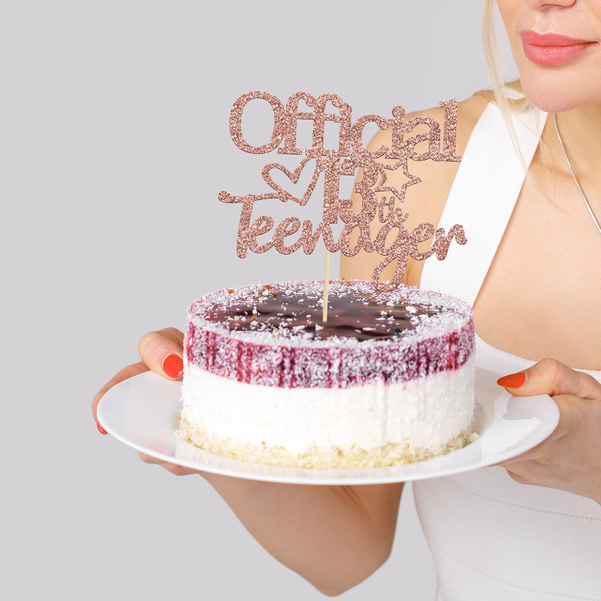Rose Gold Glitter 'Officially A Teenager' 13th Birthday Cake Topper - Elegant Teen Cake Decorations for 13th Birthday Party Supplies | Perfect for Sweet 16, Quinceañera & Milestone Celebrations