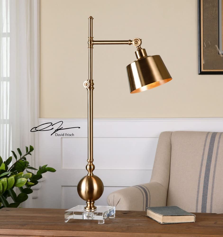 Brushed Brass Adjustable Task Lamp with Round Drum Shade & Crystal Base - 3-Way Switch for Bedroom, Office, or Study Desk Lighting