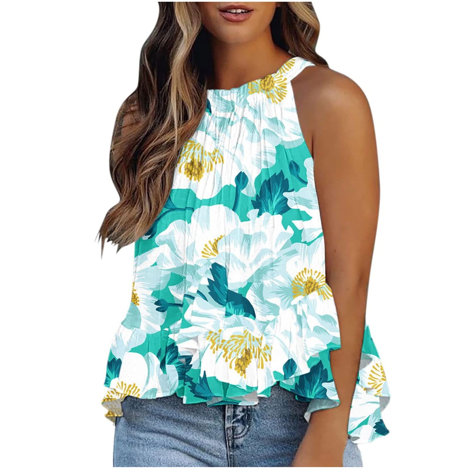 Women's Sleeveless Halterneck Babydoll Blouse - Flowy Floral Print Ruffle Hem Pleated Tank Top for Casual Wear | Perfect for Summer Outfits, Beach Cover-ups & Date Nights