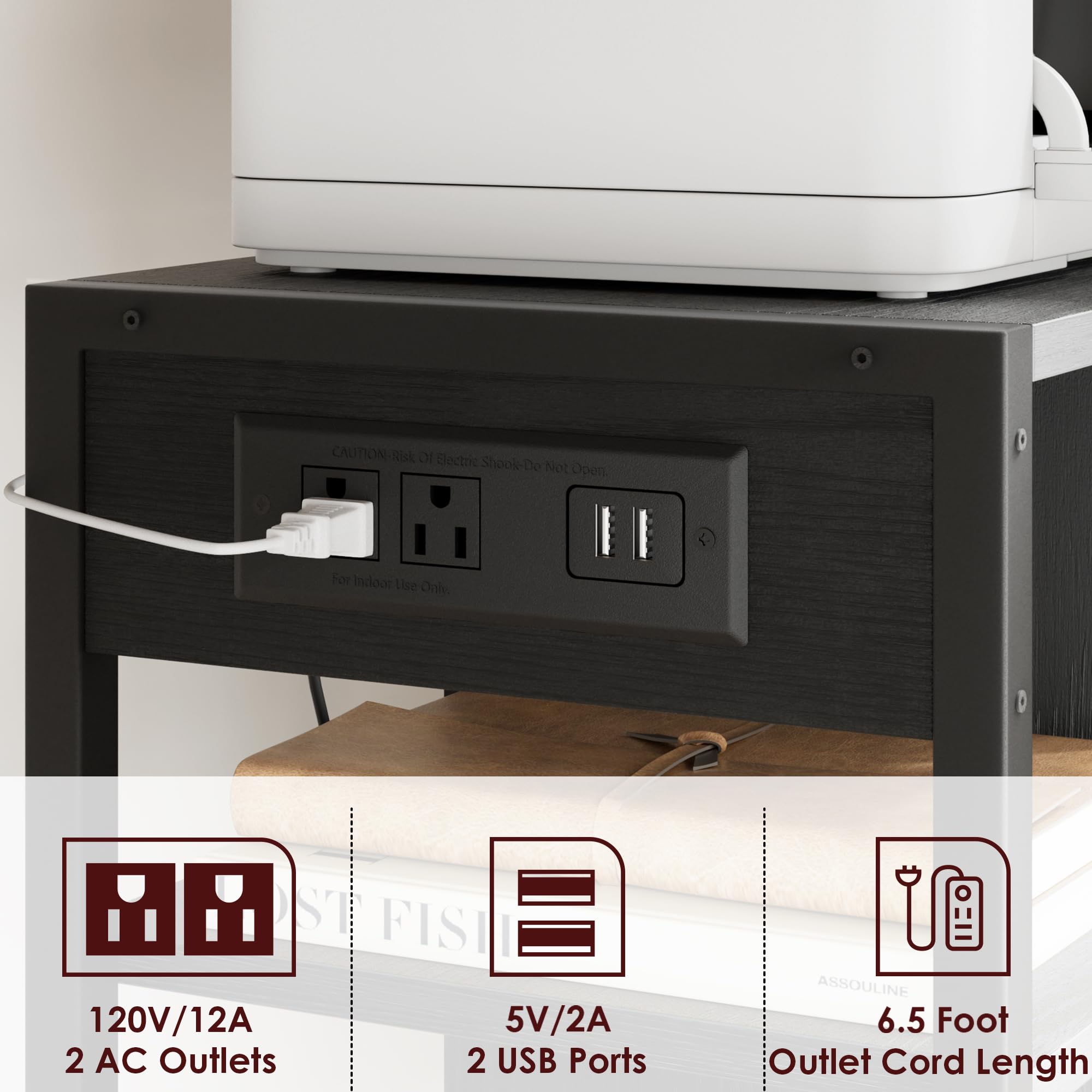 3-Tier Rolling Printer Stand with Power Outlets & USB Ports - Rustic Black Under Desk Printer Table with Storage & Wheels for Home Office Organization | Perfect for Small Spaces & Workspace Efficiency