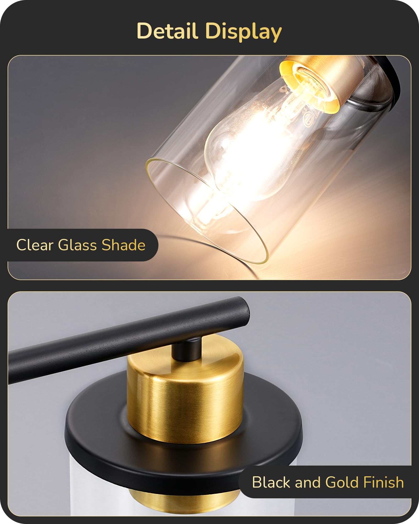 Modern 3-Light Bathroom Vanity Lighting Fixture - Black & Gold Wall Sconce with Clear Glass Shade for Bathroom Mirror, Powder Room, Vanity Table & Kitchen Decor | Perfect for Makeup Application & Ambient Lighting