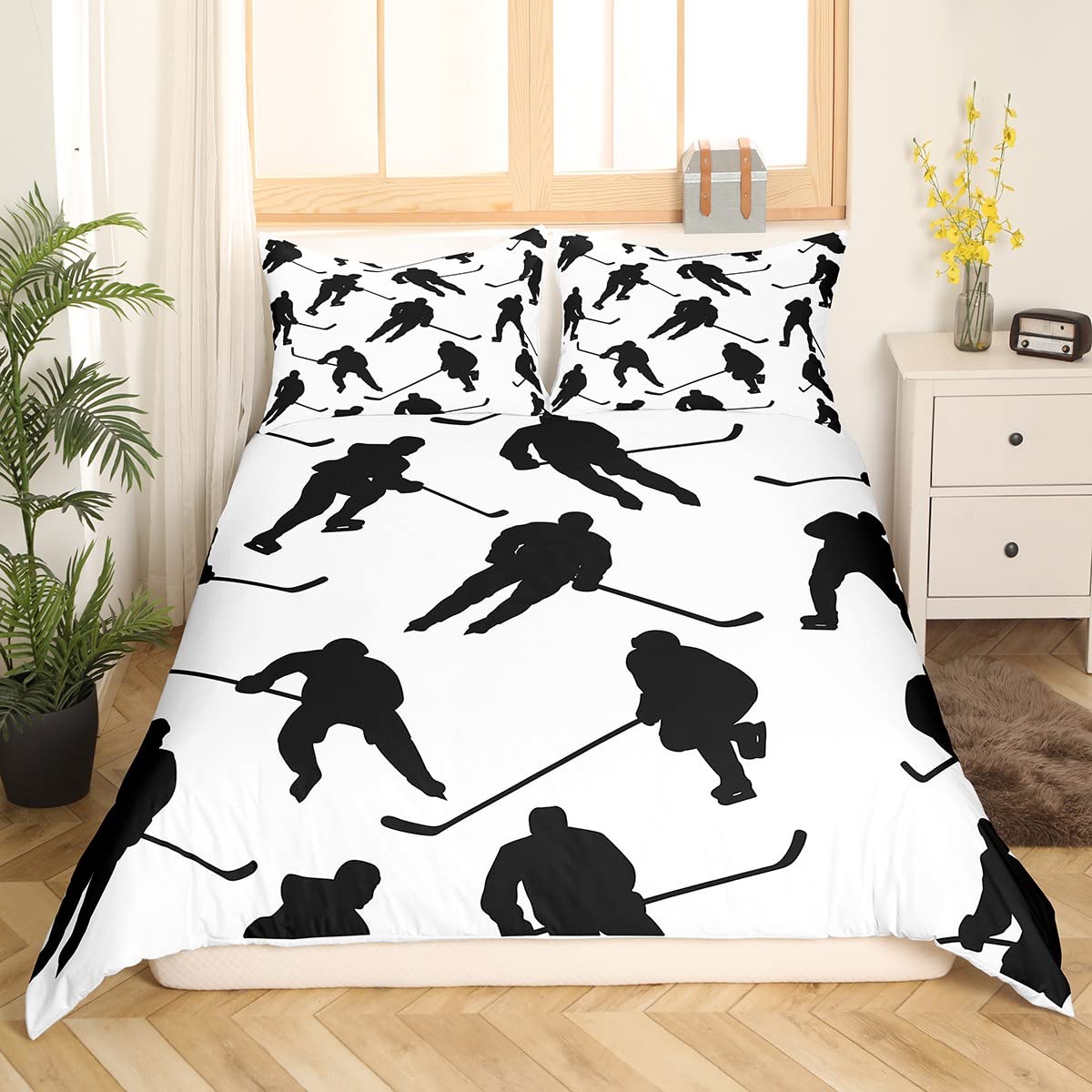 **Erosebridal Ice Hockey Bedding Set for Kids – Twin Size Duvet Cover with Hockey Puck Design, Black & White Winter Sports Theme – Perfect for Boys & Girls Bedroom Decor, Game Day & Sports Enthusiasts**