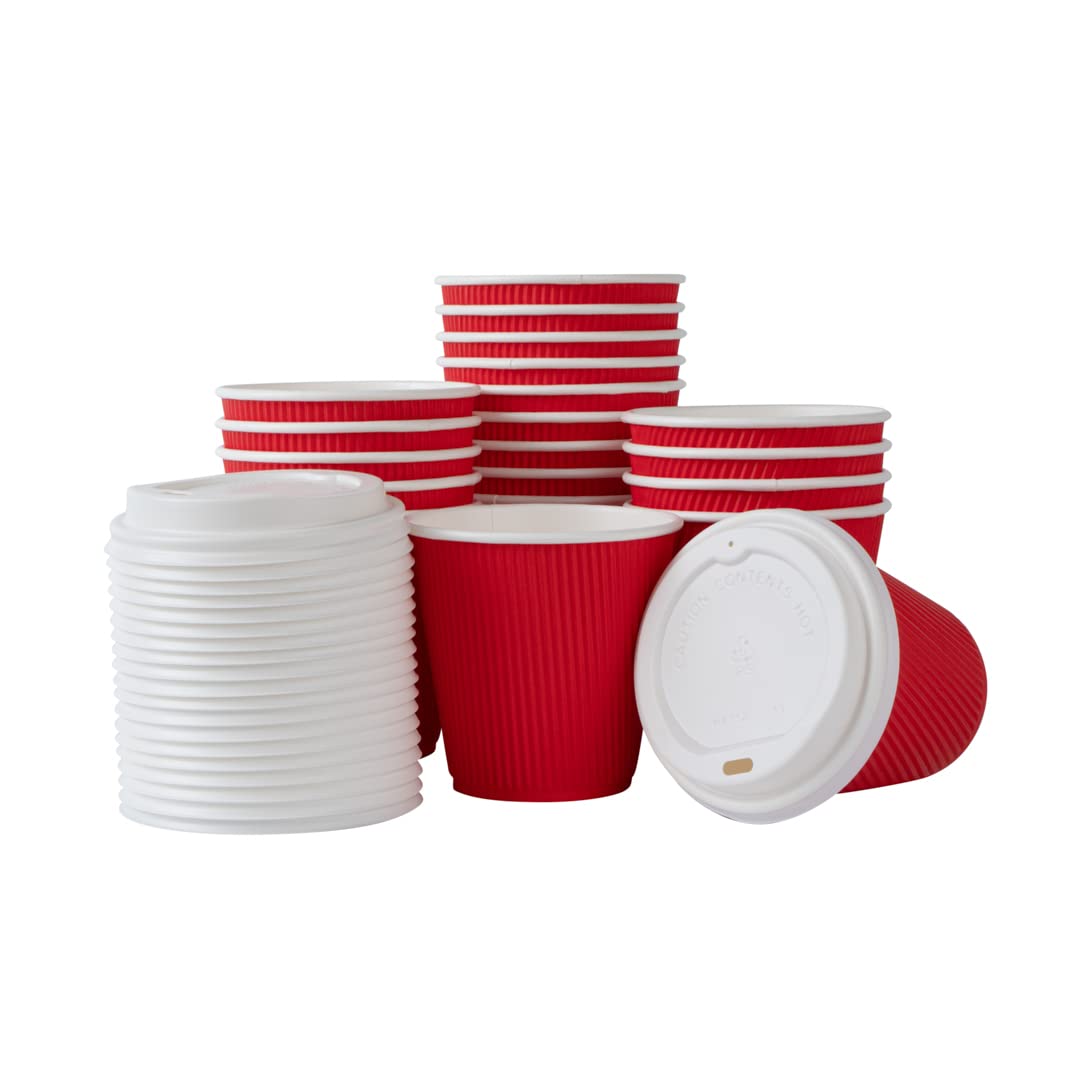 Restaurantware 8oz Insulated Coffee Cups with Lids - 400 Pack Leakproof Ripple Wall Hot Cups | Disposable Red Paper Coffee Cups for Tea, Hot Cocoa & Lattes | Perfect for Cafes, Offices & Catering Events
