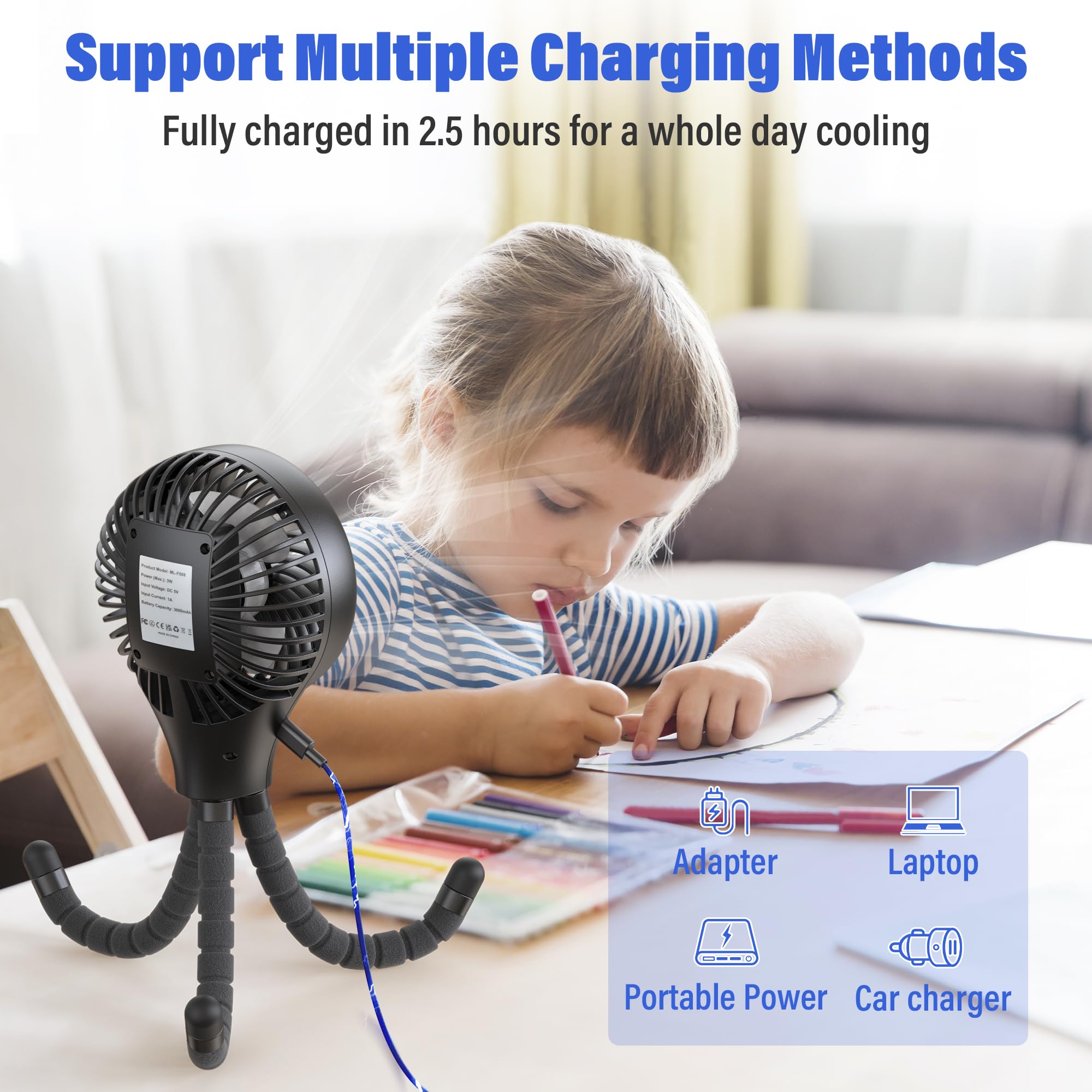 Portable Baby Stroller Fan with Auto Oscillation - 3-Speed Rechargeable Battery Operated Fan, Flexible Tripod & Clip On Design for Car Seat, Crib, Wagon, Bike, Treadmill - Perfect for Camping, Travel & Outdoor Activities
