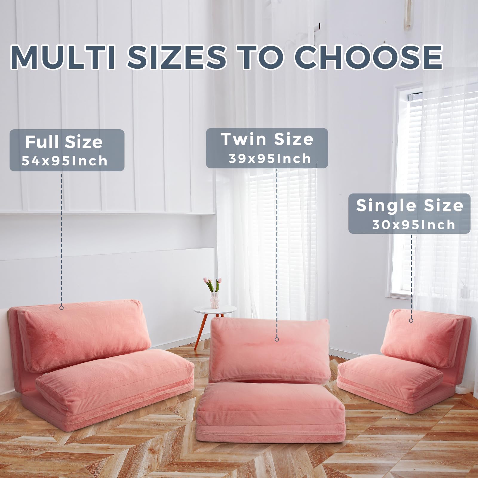MAXYOYO Extra Thick Bean Bag Bed - 54x95 Inch Folding Sofa Bed with Washable Faux Fur Cover | Comfortable Floor Mattress for Adults | Perfect for Bedroom, Living Room & Guest Room (Pink)