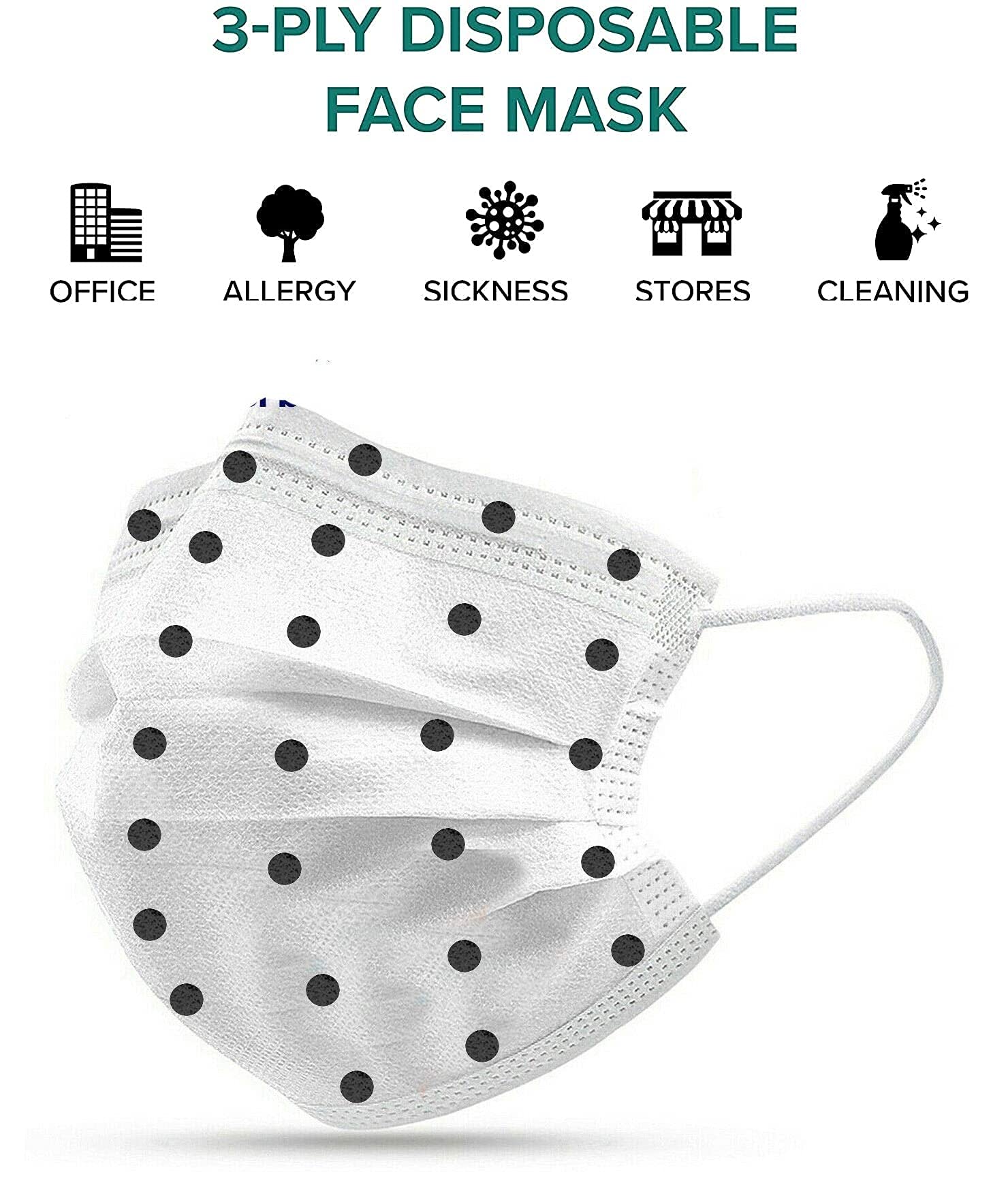 Wisezag 100-Pack Disposable 3-Ply Face Masks for Women - Breathable 3-Layer Surgical Masks with Nose Clip & Comfortable Earloop, White Dot Printed Design | Perfect for Daily Protection, Office, Travel & Public Spaces