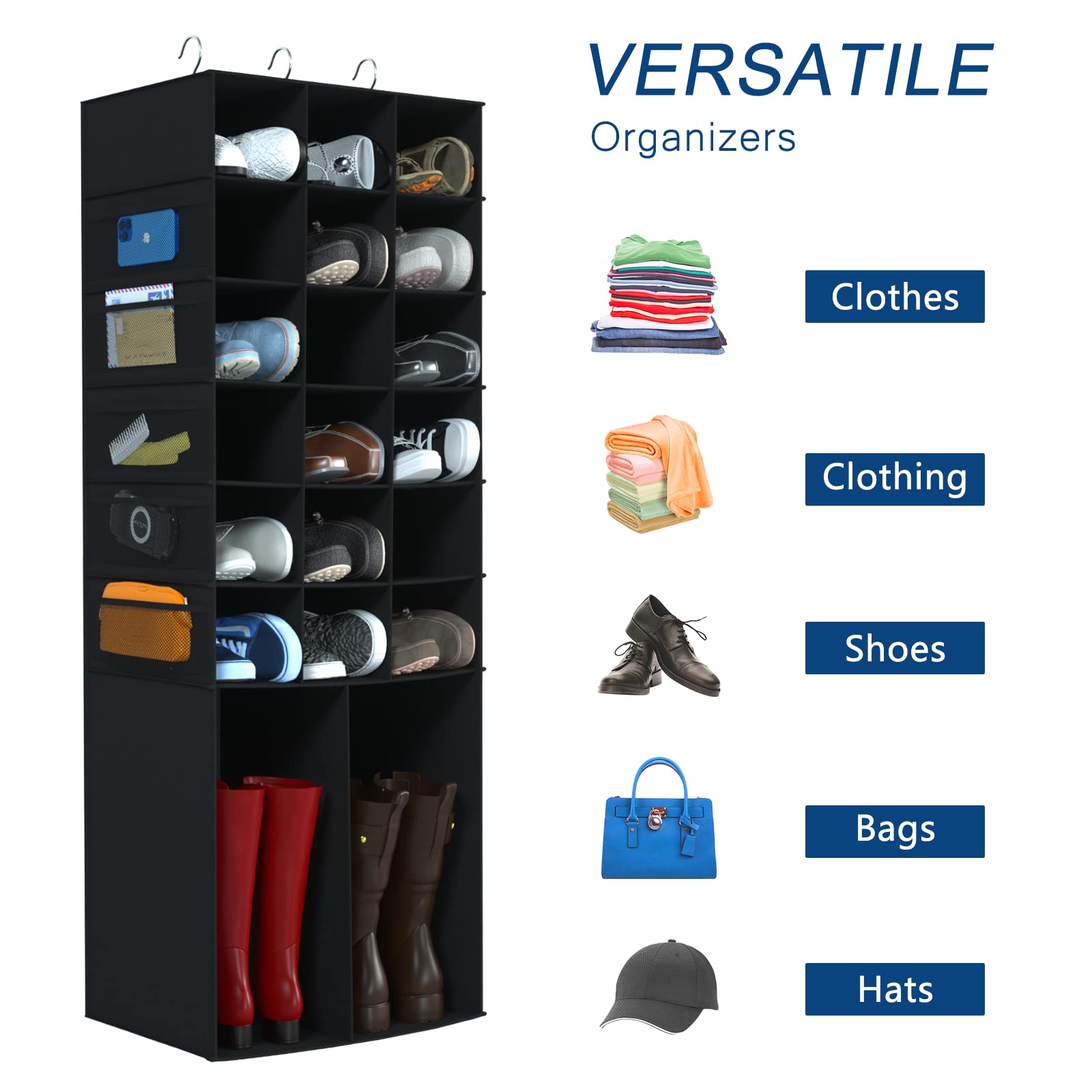 Coastal Rose Hanging Shoe Organizer for Closet - 18+2 Sections with 10 Mesh Pockets, Boot Storage & Closet Organization - Black | Perfect for Small Spaces, Bedroom, Entryway & Dorm Room Storage Solutions